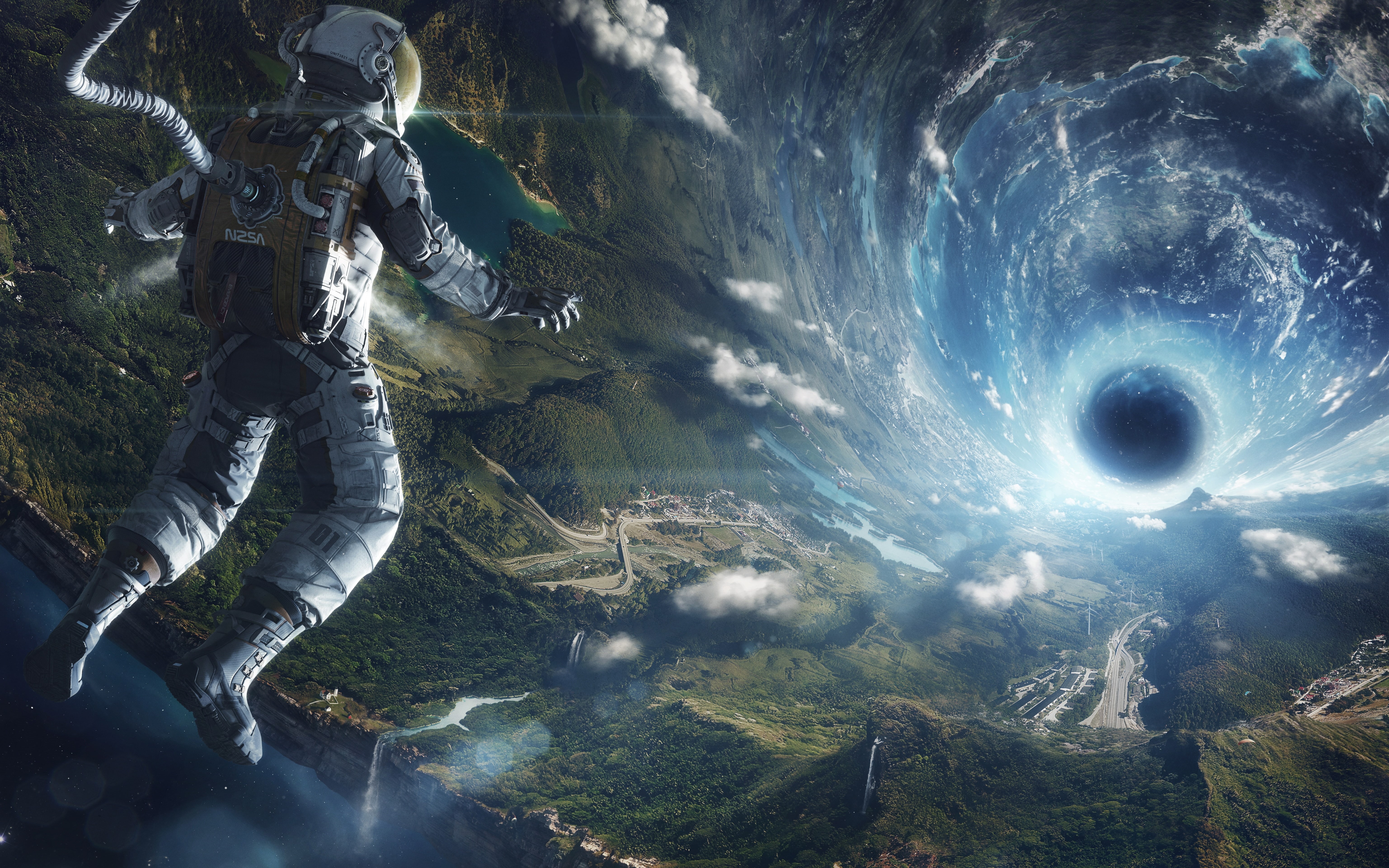 teleport, sky, no people, mountain, tranquil scene, tranquility, digital composite, astronaut, space, waterfall, cloud - sky, outdoors, beauty in nature, HD Wallpaper