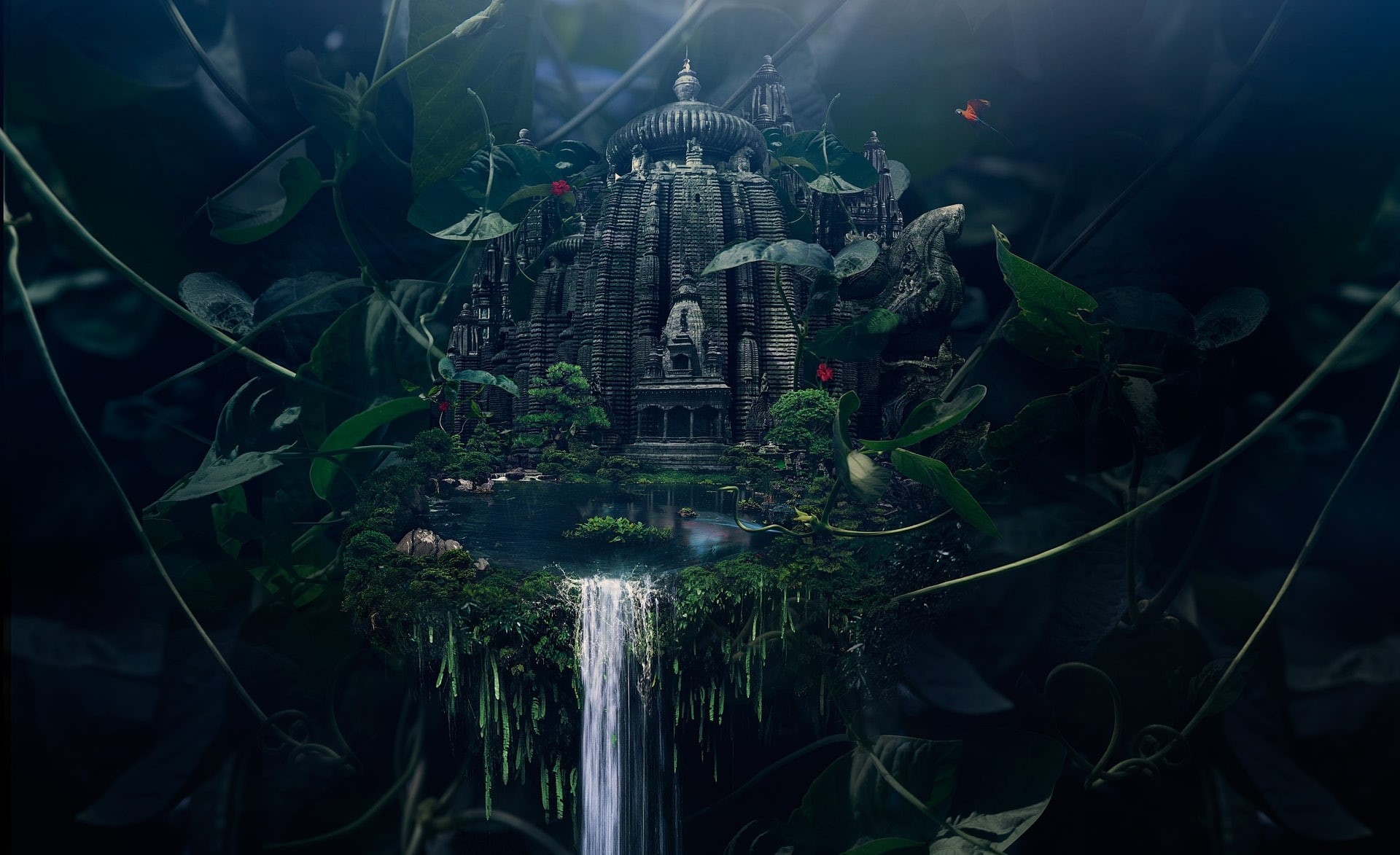 1080P, black, digital composite, building exterior, plant part, floating, city, island, built structure, outdoors, architecture, tree, tourism, HD Wallpaper