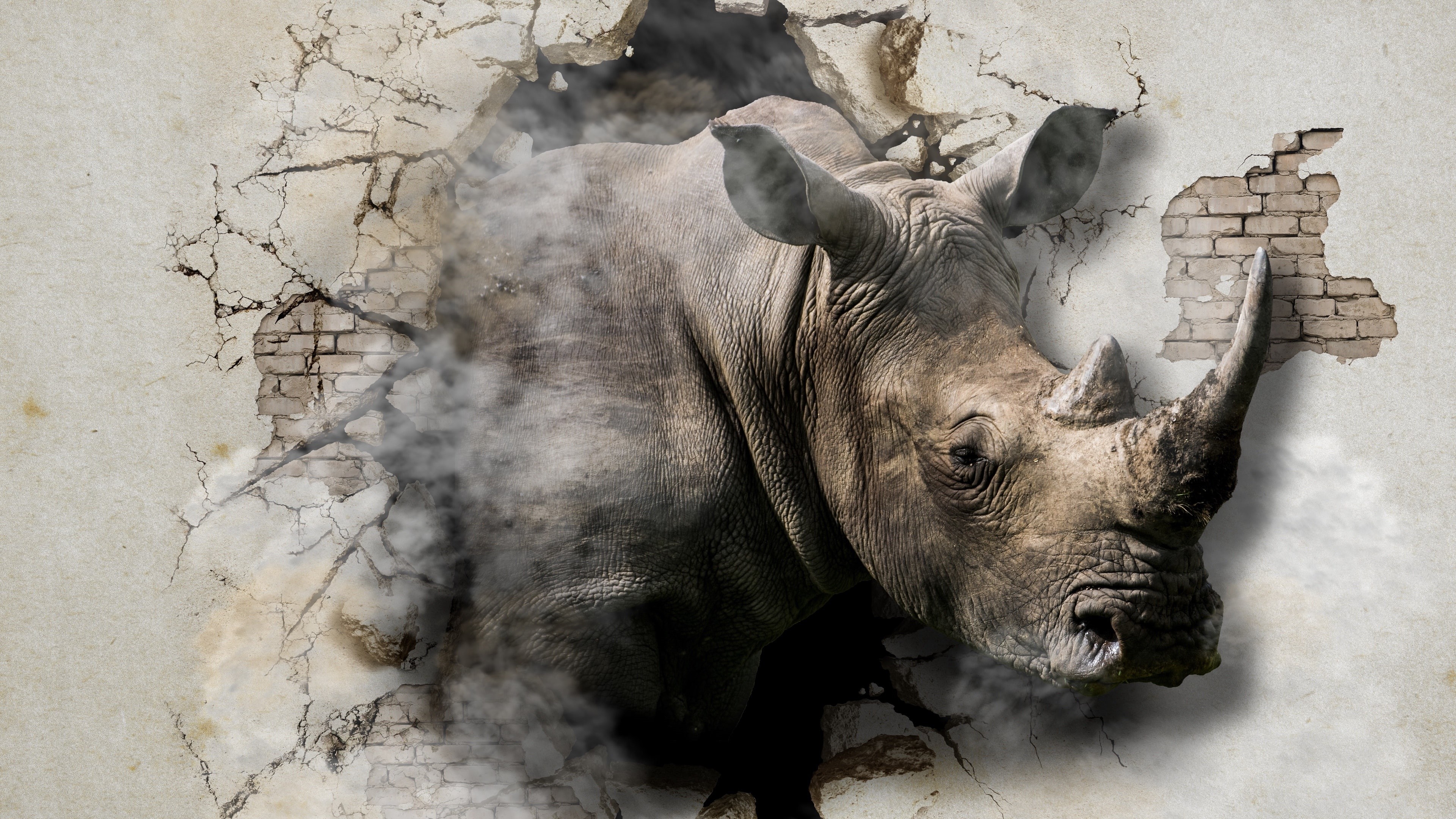 rhinoceros, 4K, horn, wildlife, destroy, illustration, brick wall, 3d, wall, HD Wallpaper