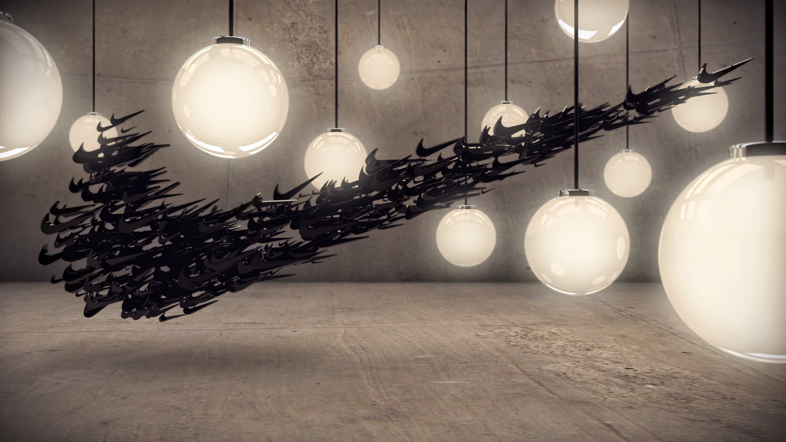 no people, bulb, Nike, black, ceiling, arrangement, digital art, light, electric lamp, sphere, logo, lamp, illuminated, electricity, 2K, pendant light, HD Wallpaper