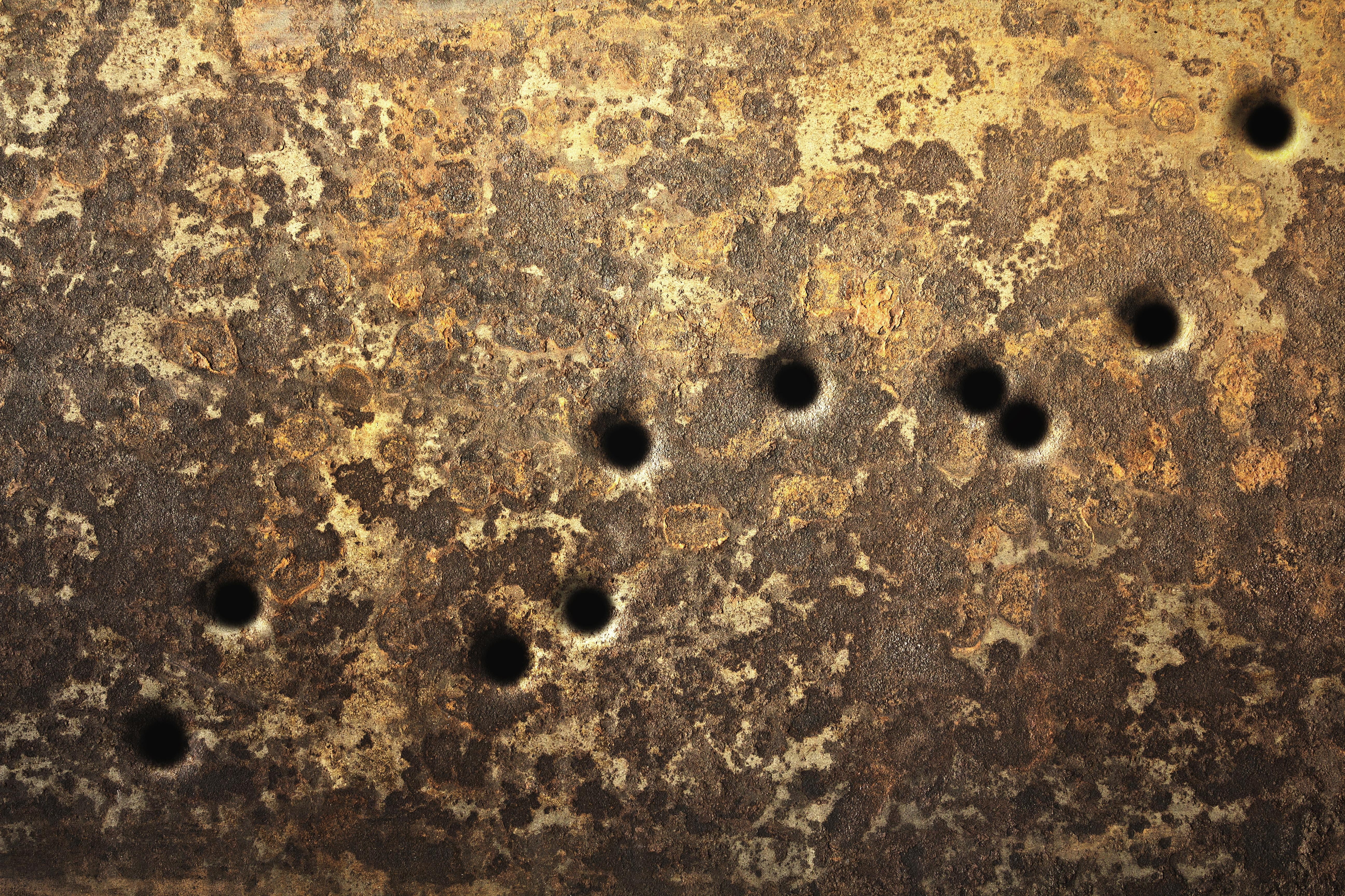 through holes, hole, deterioration, surface, nature, weathered, 5K, close-up, textured, decline, scratches, texture, day, full frame, pattern, metal, wall, HD Wallpaper