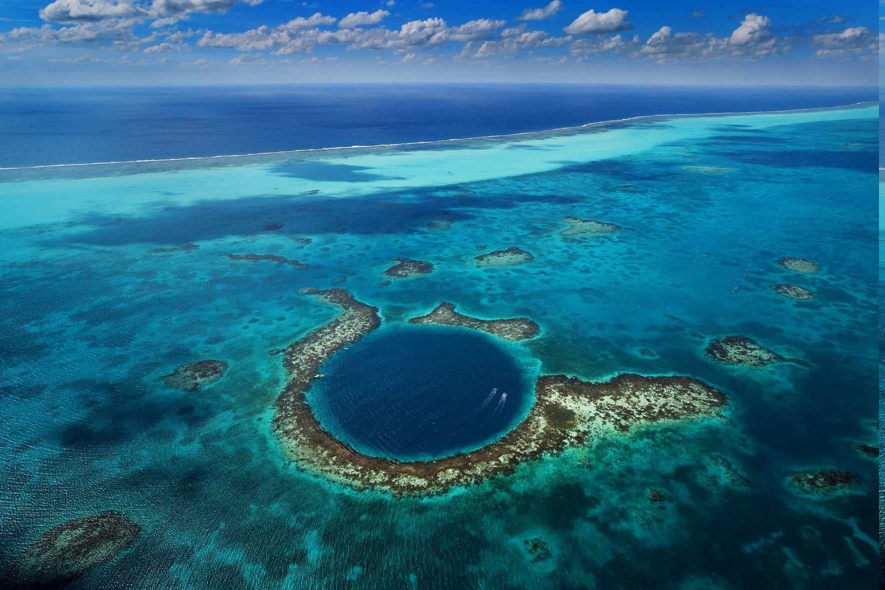 tropical climate, sky, outdoors, nature, blue, marine, land, horizon over water, turquoise colored, coral, reef, sea, underwater, nature landscape sea great blue hole belize coral birds eye view horizon clouds island boat deep sea, HD Wallpaper