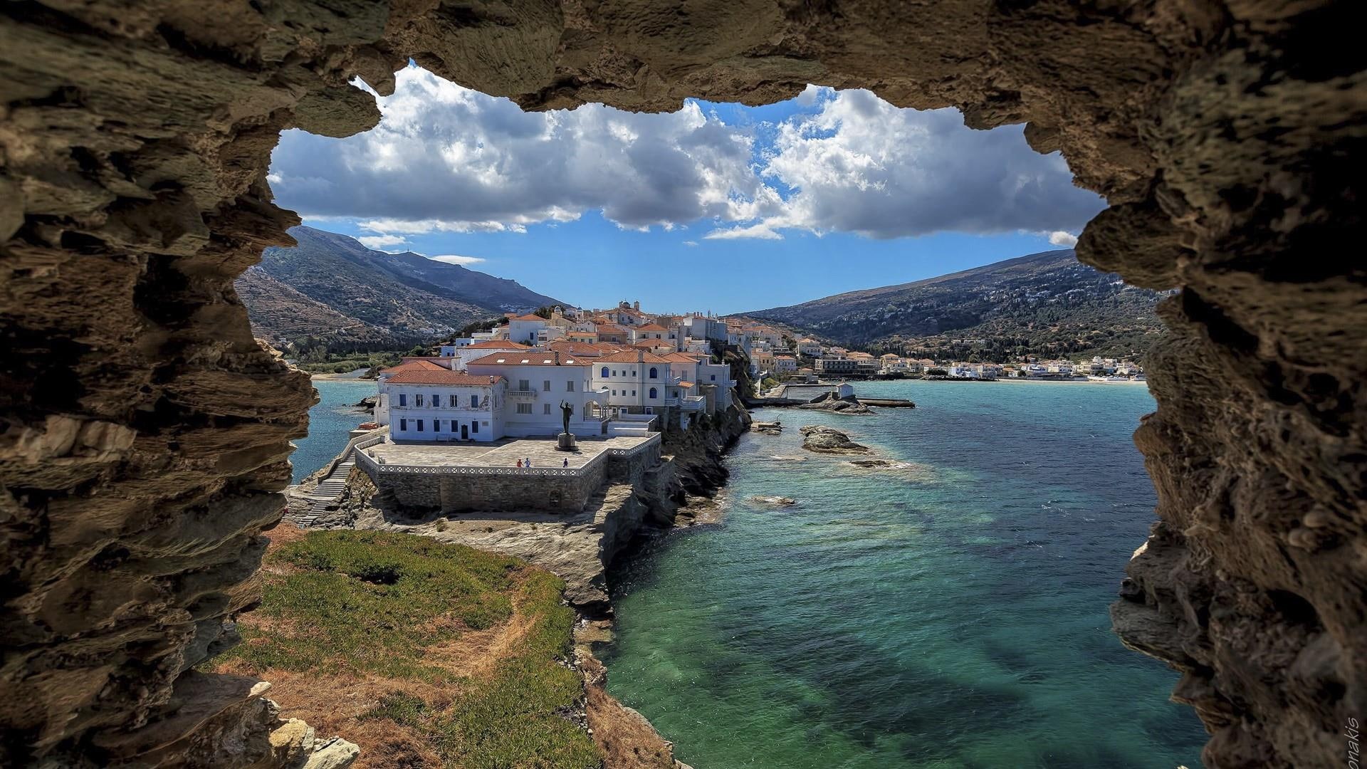 travel, hole, holiday, paleópolis, 1080P, greece, cyclades, europe, island, andros, HD Wallpaper