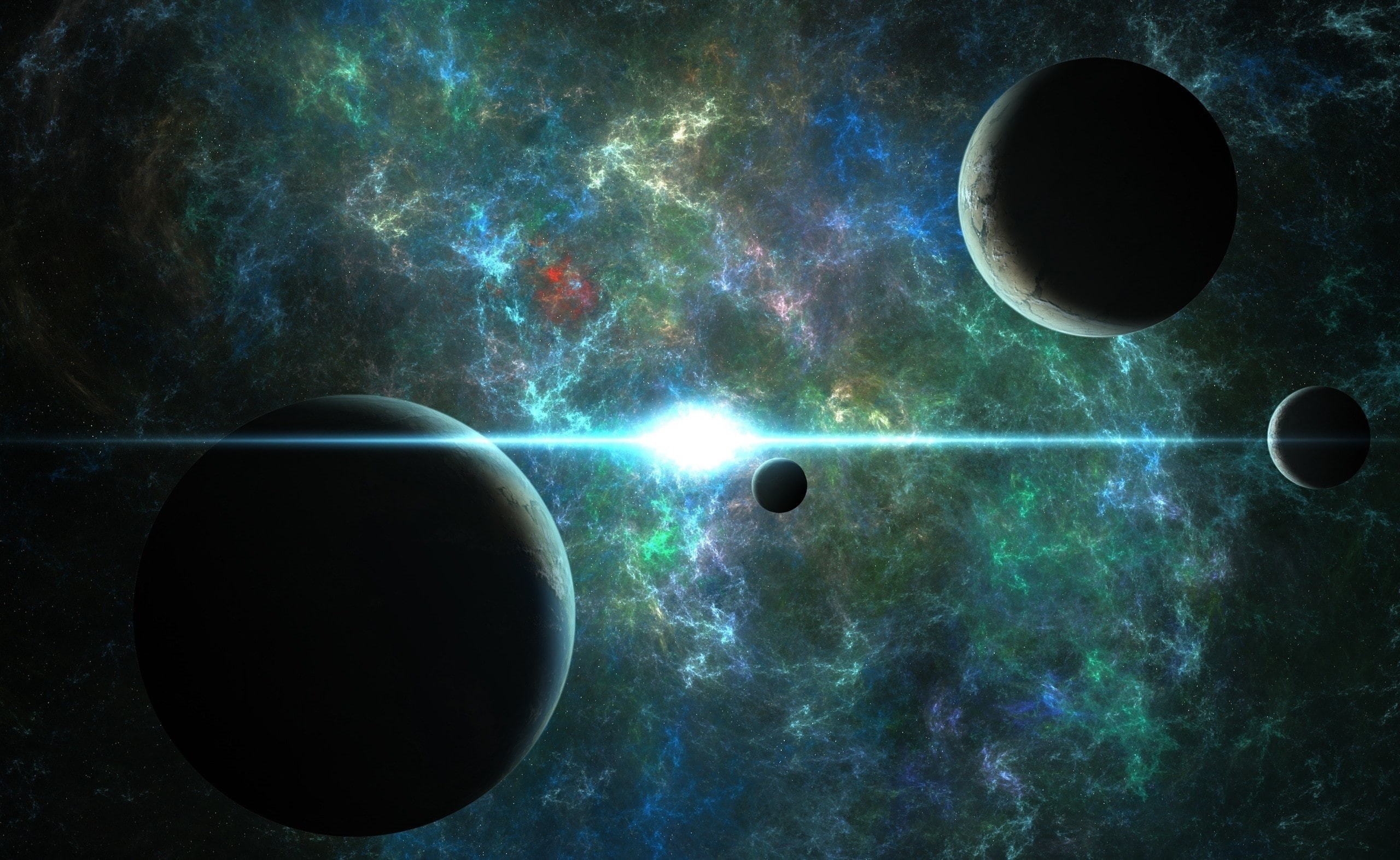 illustration, nature, 2K, outdoors, no people, Burst, night, star - space, planets, Space, circle, sphere, planetary moon, black color, Quasar, shape, HD Wallpaper