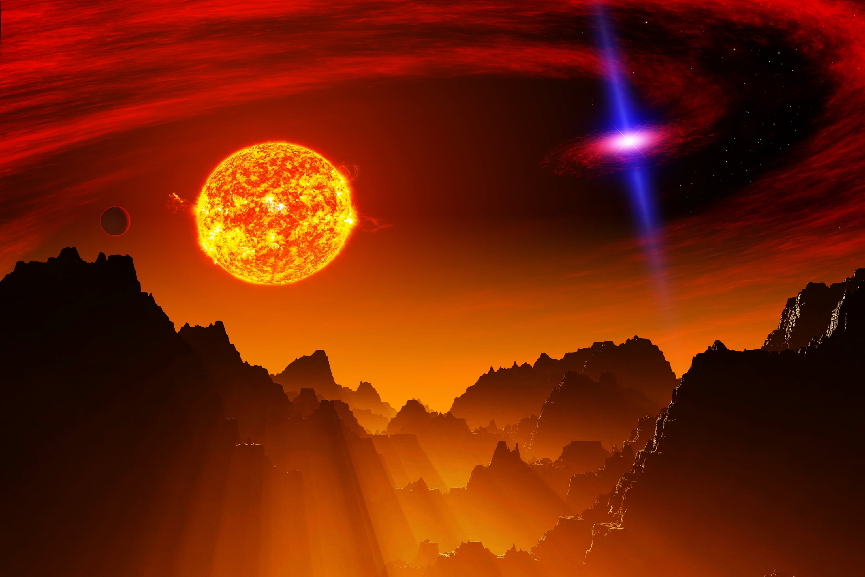 idyllic, environment, tranquil scene, planet, astronomy, light, mountains, outdoors, sun, sunlight, sunbeam, scenics - nature, nature, galaxy, relief, star, HD Wallpaper