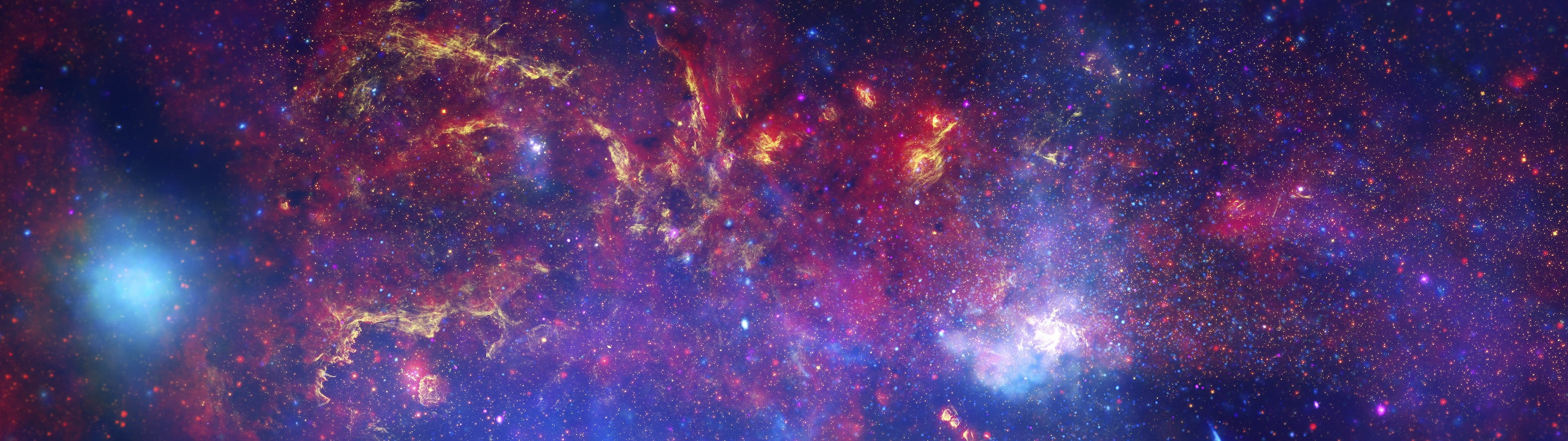 4K, night, no people, glowing, stars, luminosity, red, galaxy, space, nature, purple, colorful, constellation, panoramic, multiple display, illuminated, HD Wallpaper