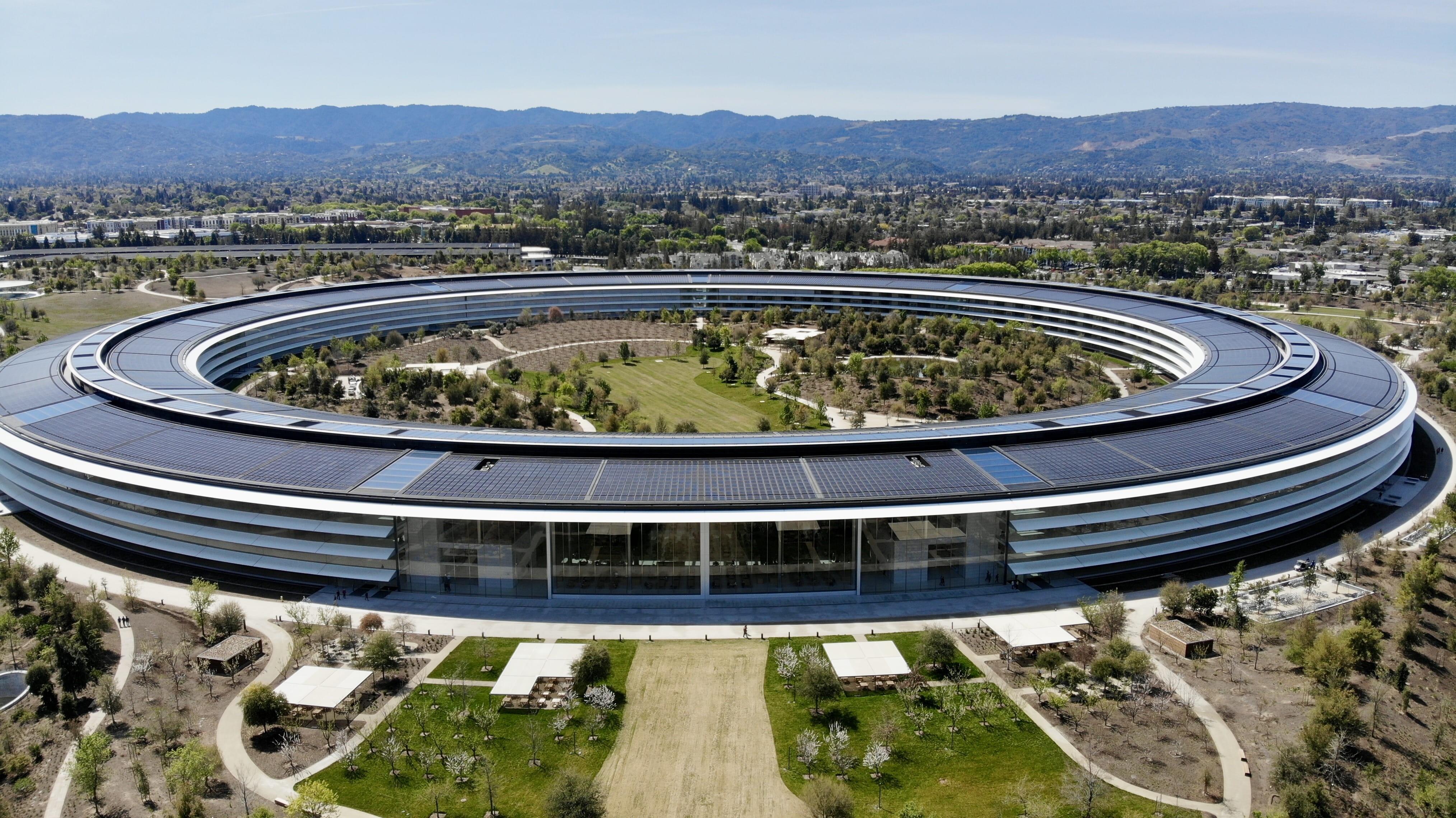 architecture, mode of transportation, fish-eye lens, apple, architetcure, landscape, united states, sky, high angle view, day, 4K, circle, modern office, HD Wallpaper