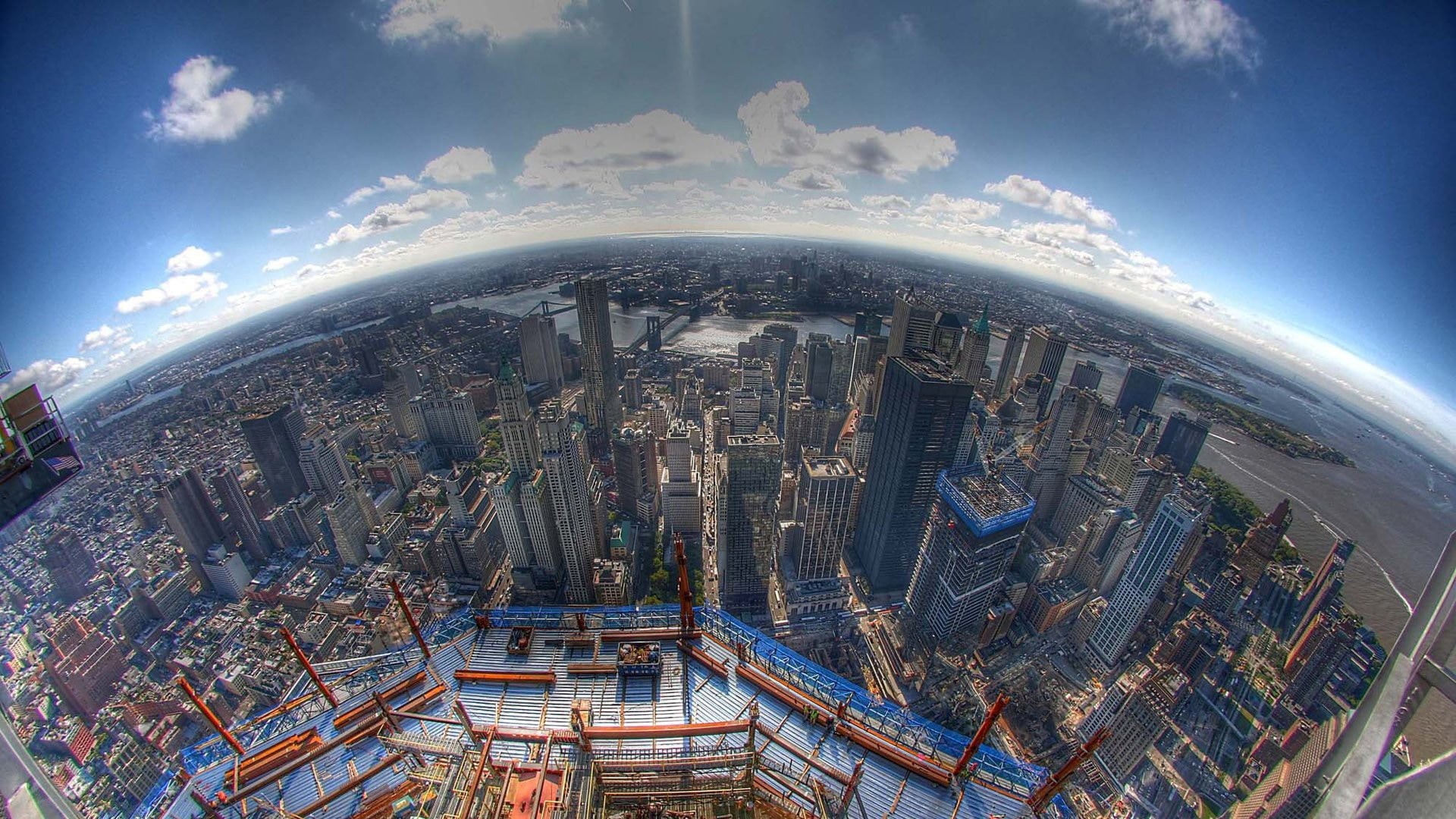 fish-eye lens, 1080P, nature, office building exterior, built structure, skyscraper, street, water, cityscape, architecture, planet earth, planet - space, HD Wallpaper
