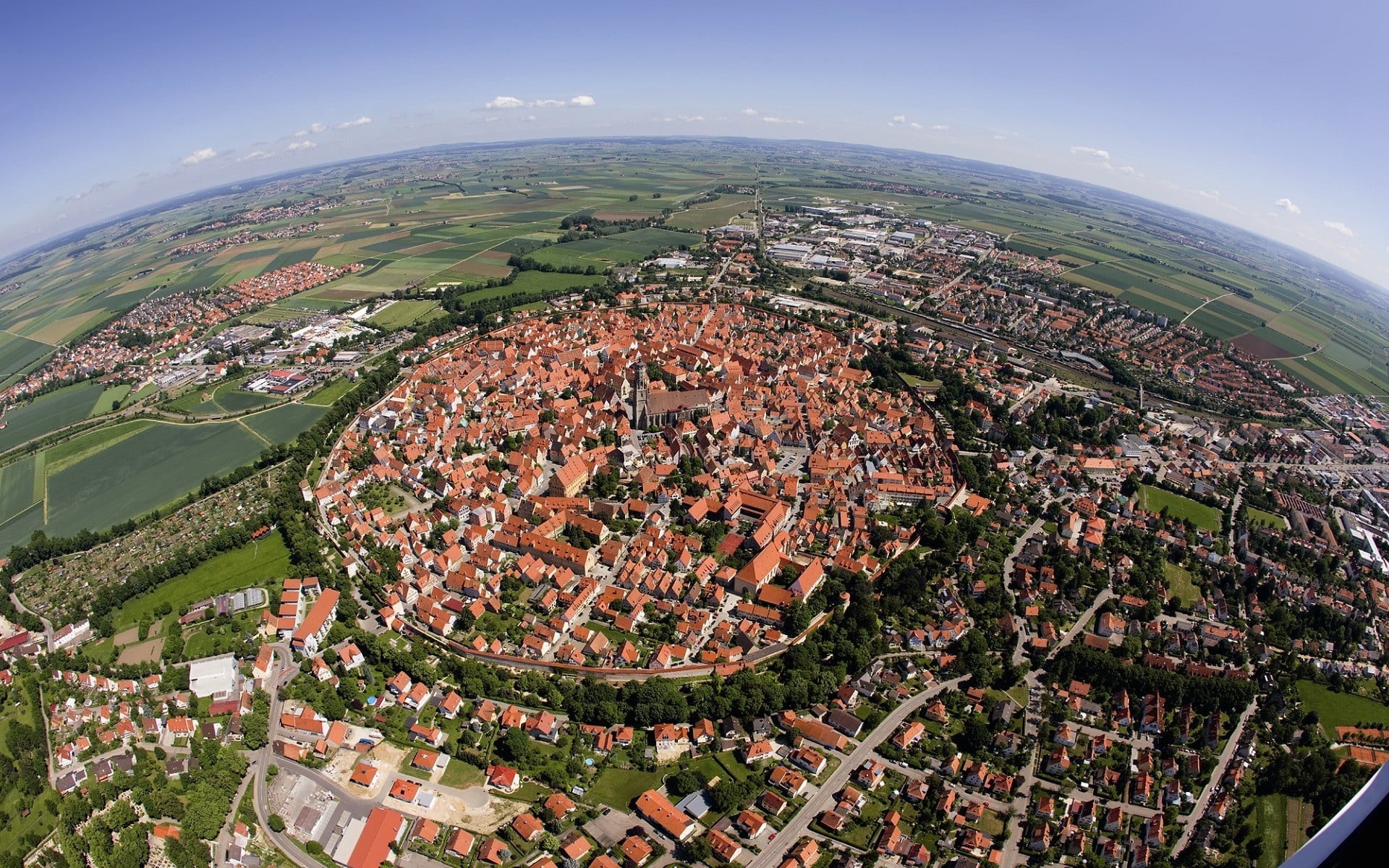 Nördlingen, birds eye view, built structure, white, plant, sky, tree, urban sprawl, building, architecture, fish-eye lens, brown, Germany, townscape, residential district, HD Wallpaper