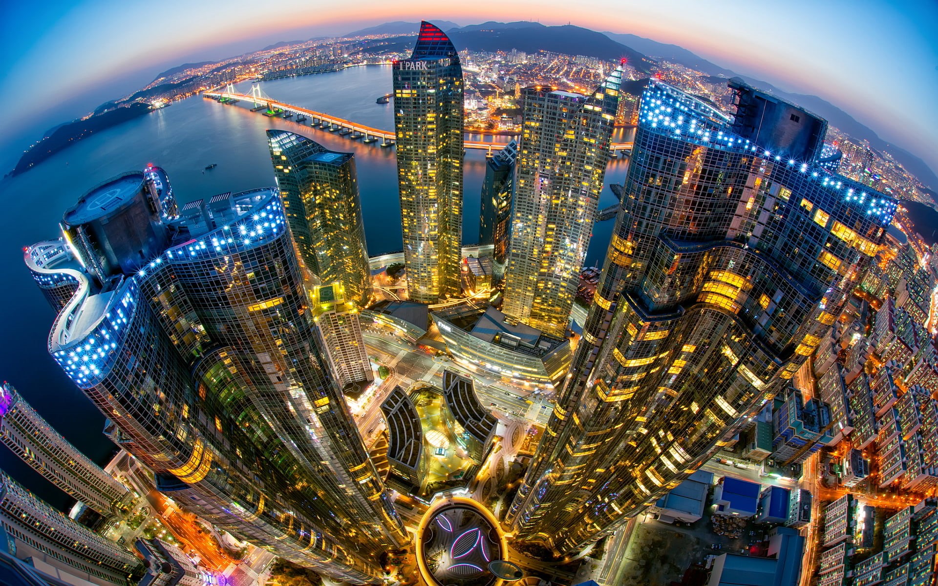 illuminated, skyscraper, architecture, built structure, night, fish-eye lens, cityscape, red, building exterior, tall - high, outdoors, blue, financial district, HD Wallpaper