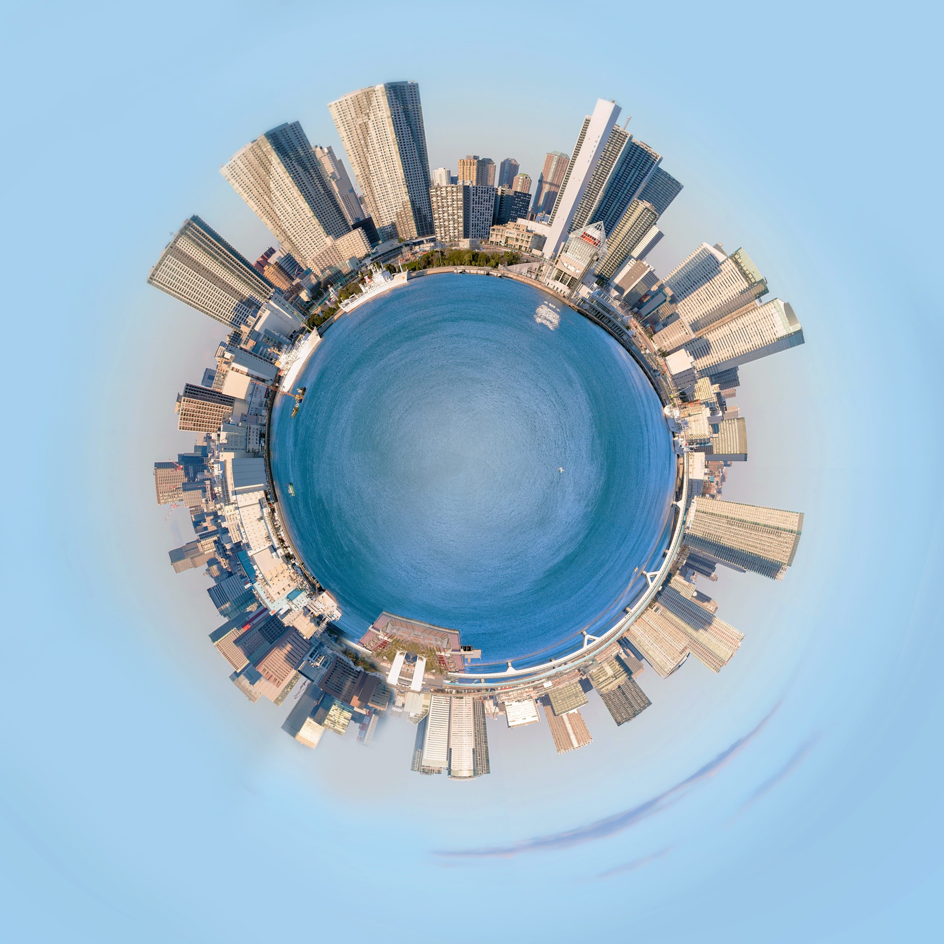 planet earth, 2K, directly below, globe, 360, nature, urban, skyscraper, circle, sphere, miniature, fish-eye lens, newyork, office building exterior, world, Phone HD Wallpaper