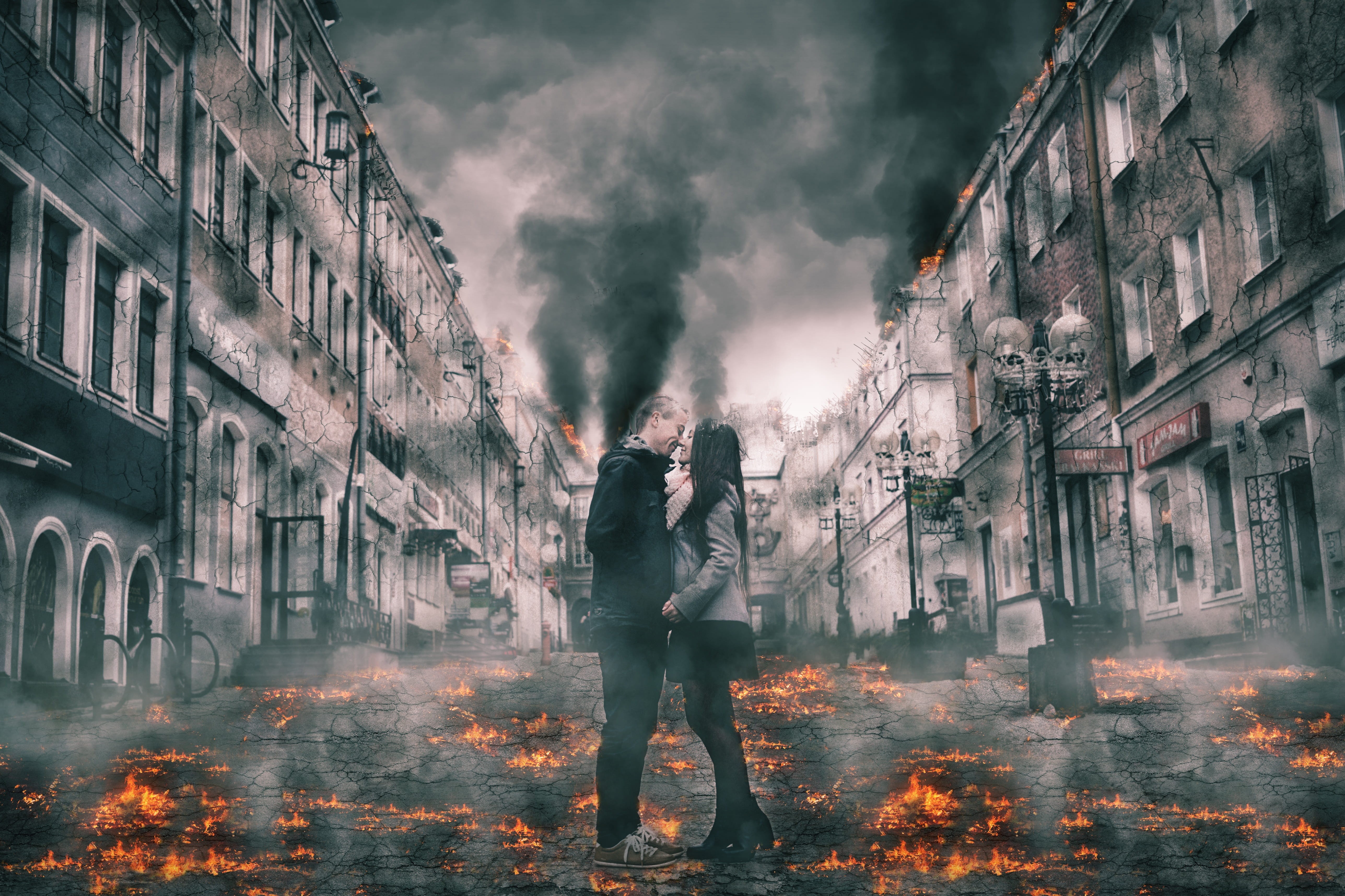 adult, women, hate, peace, men, war, architecture, love, destroy, leisure activity, lifestyles, outdoors, standing, one person, city, burning, full length, HD Wallpaper