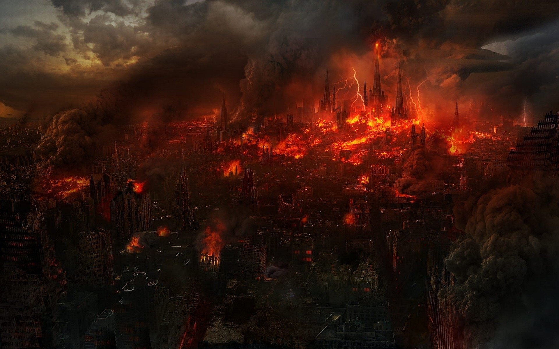 1080P, Destroyed, city, Fantsy, fire, HD Wallpaper