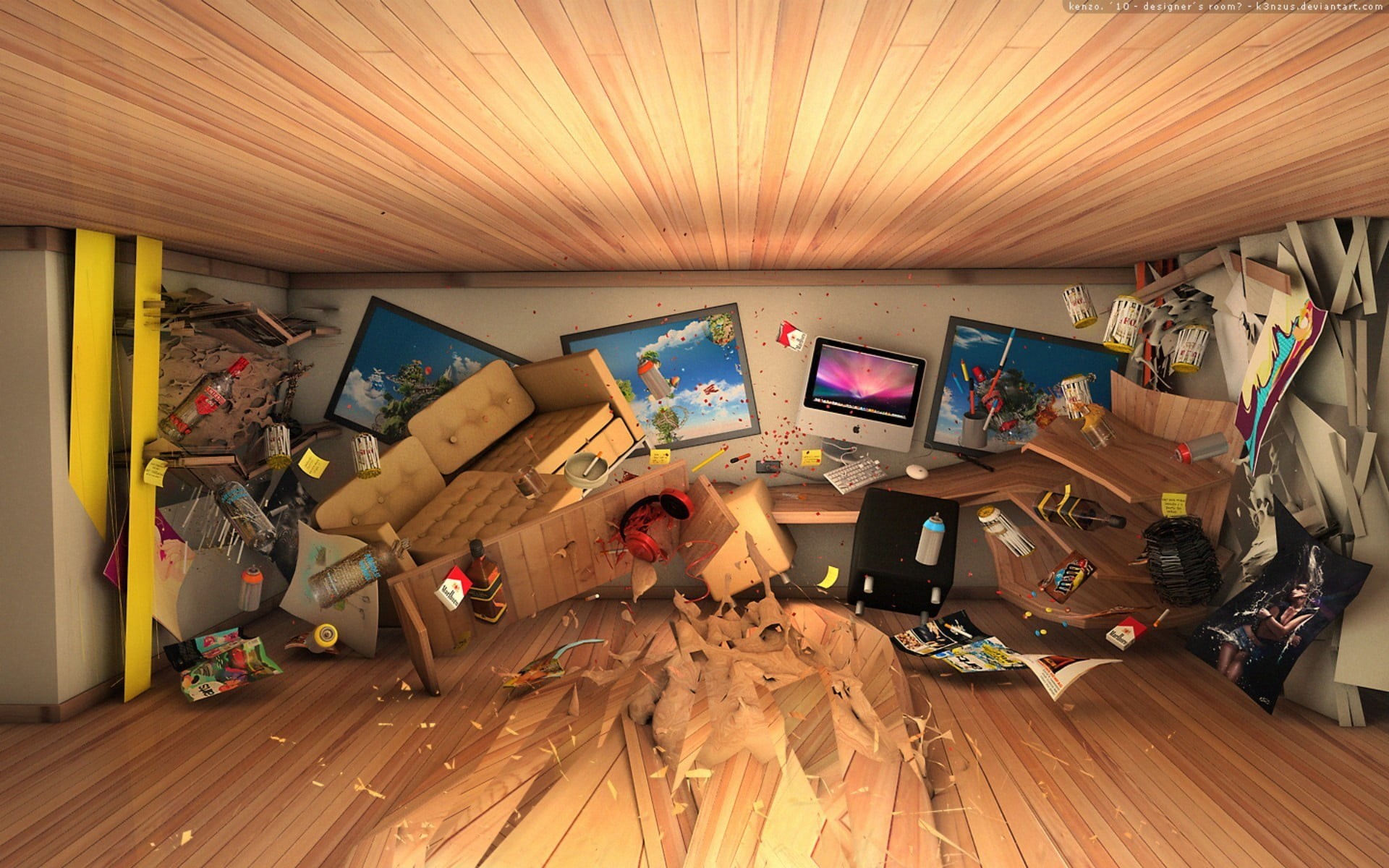 1080P, computer equipment, still life, furniture, wall, couch, no people, computer, bottles, equipment, art, messy, choice, hardwood floor, home interior, HD Wallpaper