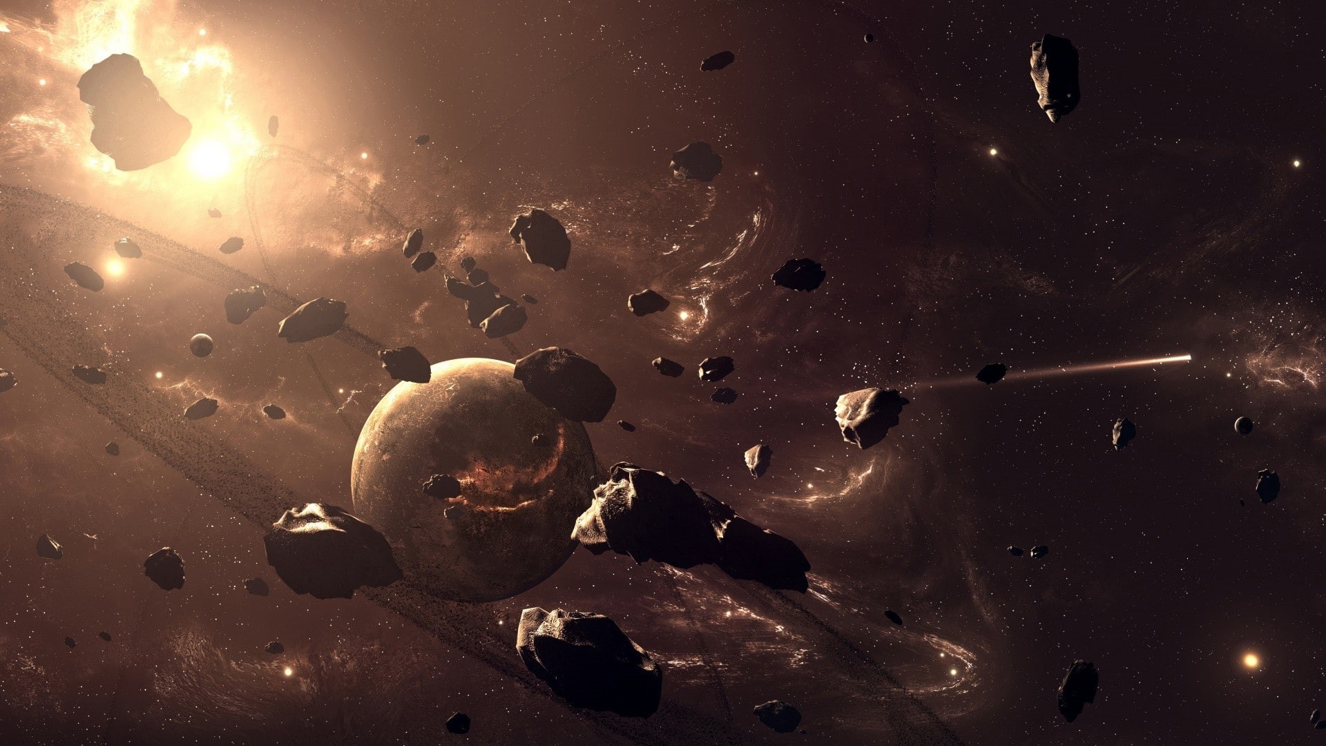 space art, digital art, 1080P, asteroid, planet, space, planetary rings, HD Wallpaper