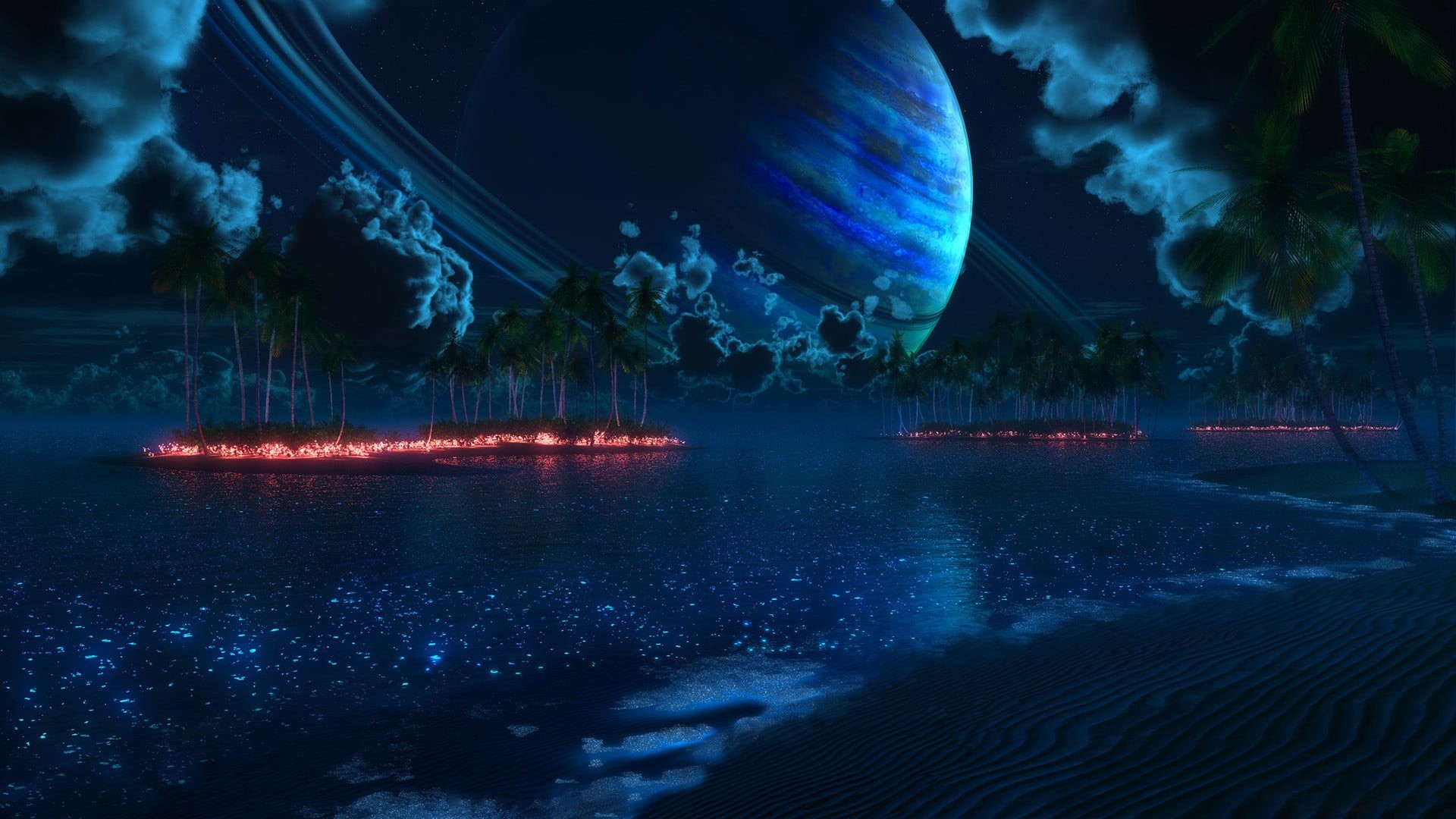 fire, sky, blue, tree, nautical vessel, palm trees, landscape, body, tropical, sea, planetary rings, no people, illuminated, outdoors, Saturn, cloud - sky, HD Wallpaper