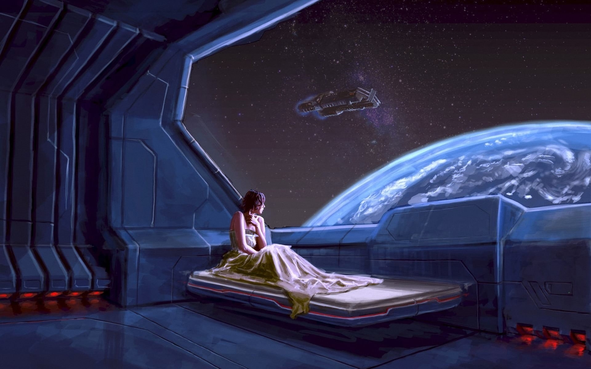 adult, astronomy, digital composite, space exploration, people, young adult, 1080P, digital art, galaxy, outdoors, fantasy, science fiction, siting, space, HD Wallpaper