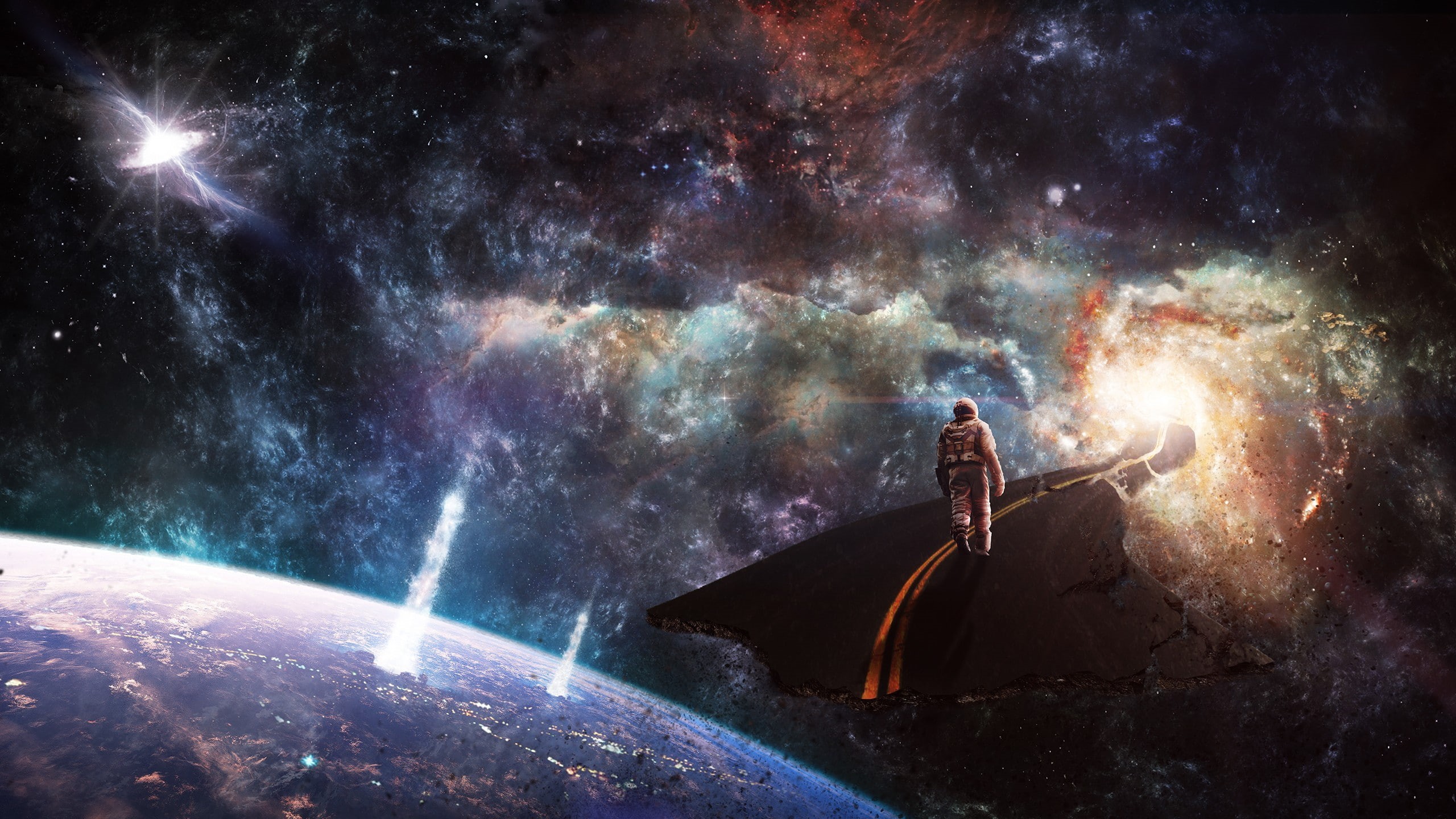 wormholes, astronaut, full length, spiral galaxy, outdoors, planet, road, illuminated, space, adult, one person, arms raised, men, young adult, digital composite, HD Wallpaper