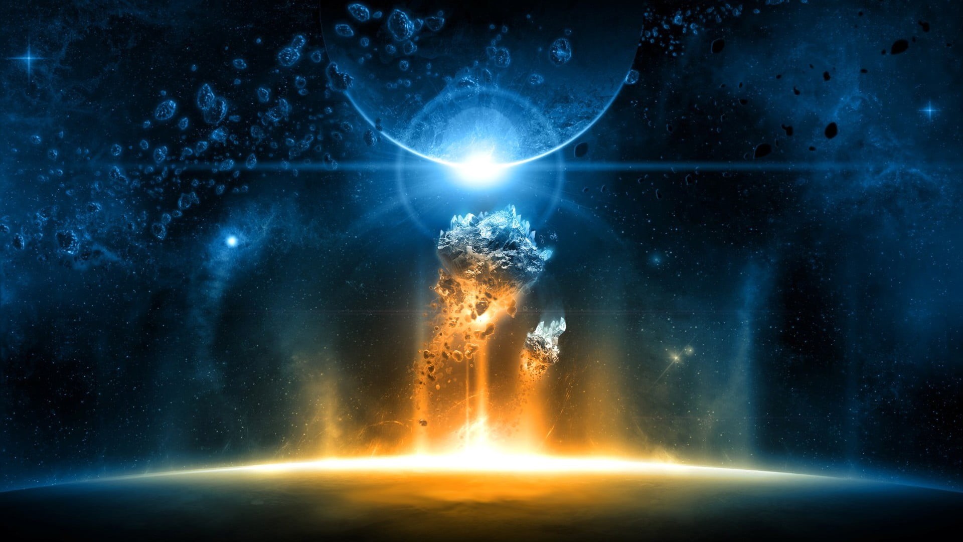 outdoors, lens flare, brown, exploding, space art, glowing, light - natural phenomenon, asteroid, illustration, power in nature, nature, 1080P, lighting equipment, HD Wallpaper