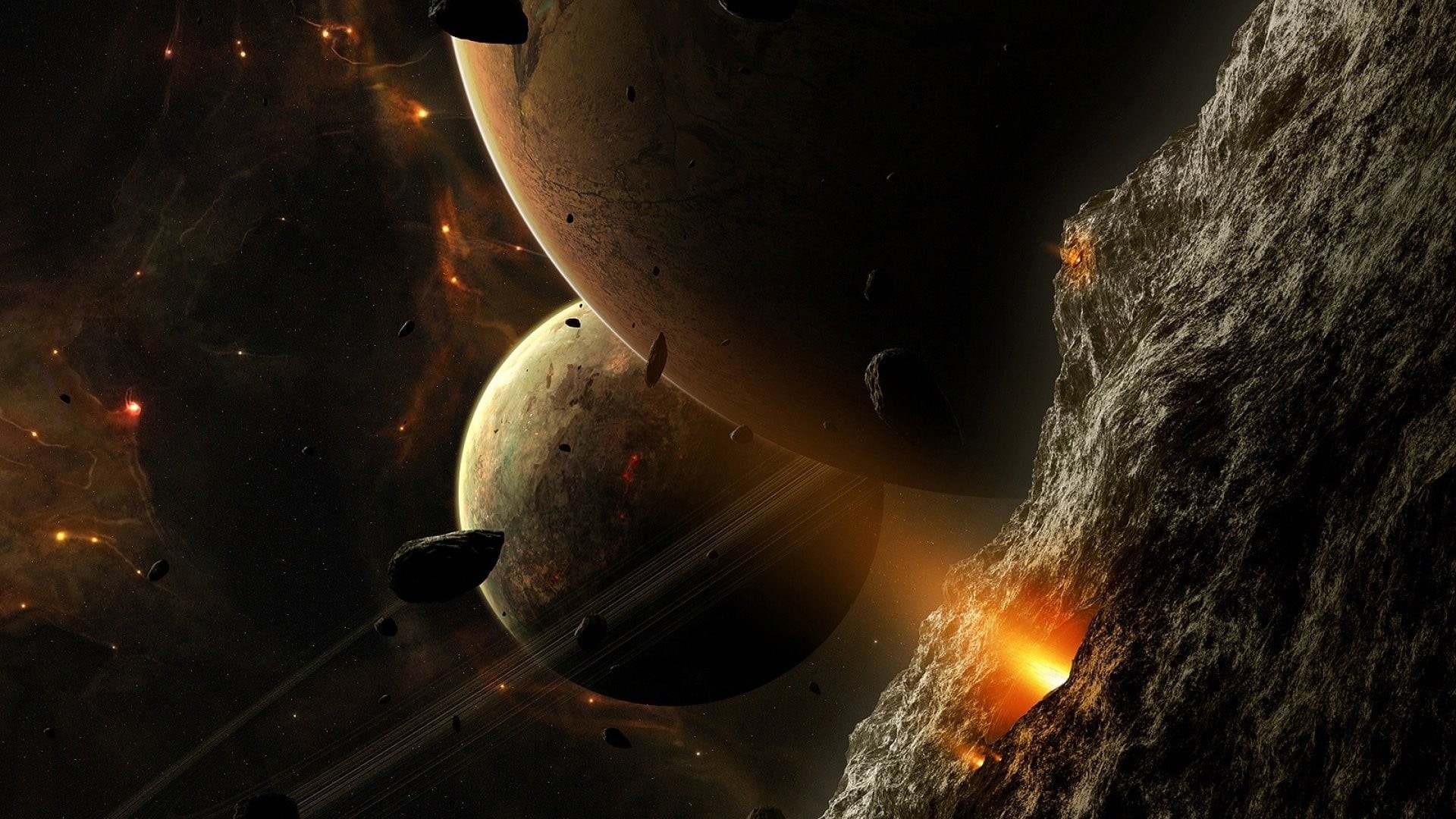 blurred motion, planet, brown, fire - natural phenomenon, 1080P, outdoors, water, space art, fire, steel, technology, stars, space, asteroid, industry, HD Wallpaper