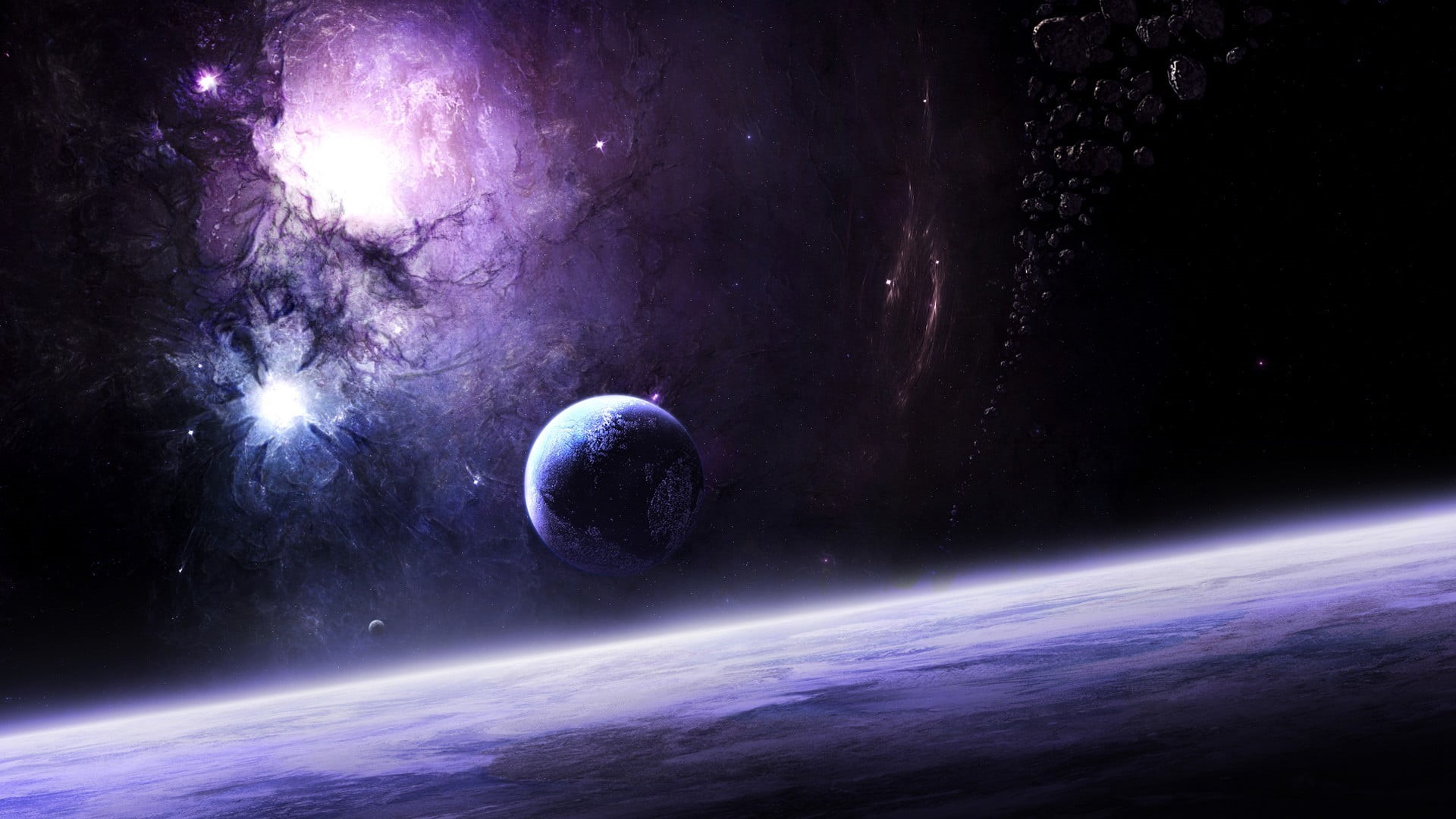 space exploration, astronomy, 1080P, moonlight, planet earth, dark, galaxy, illuminated, sky, satellite view, full moon, star field, dark blue, futuristic, HD Wallpaper