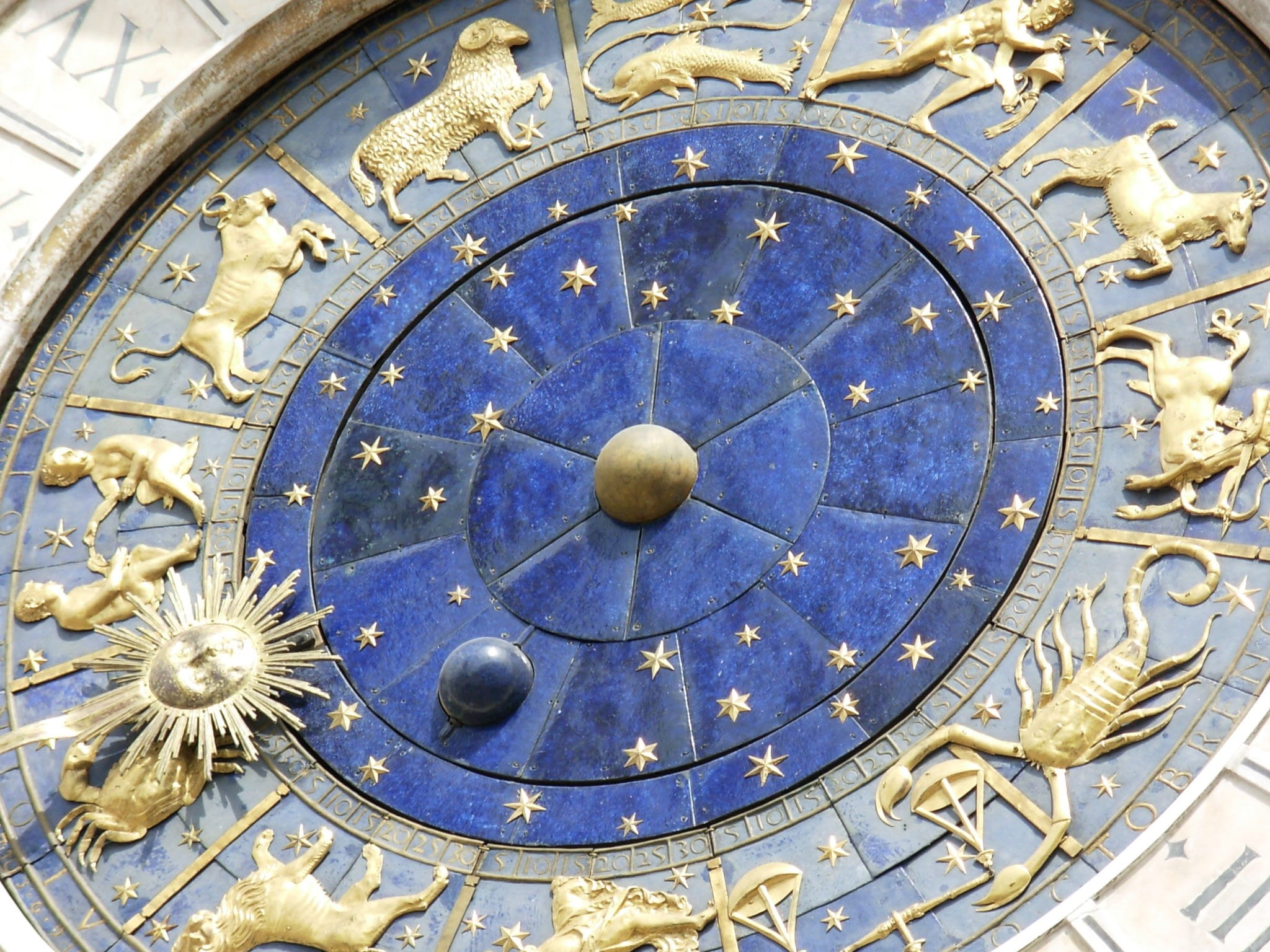 structure, travel destinations, architecture, horoscope, building, venice, signs, zodiac sign, clock tower, minute hand, timepiece, gold, shape, close-up, HD Wallpaper