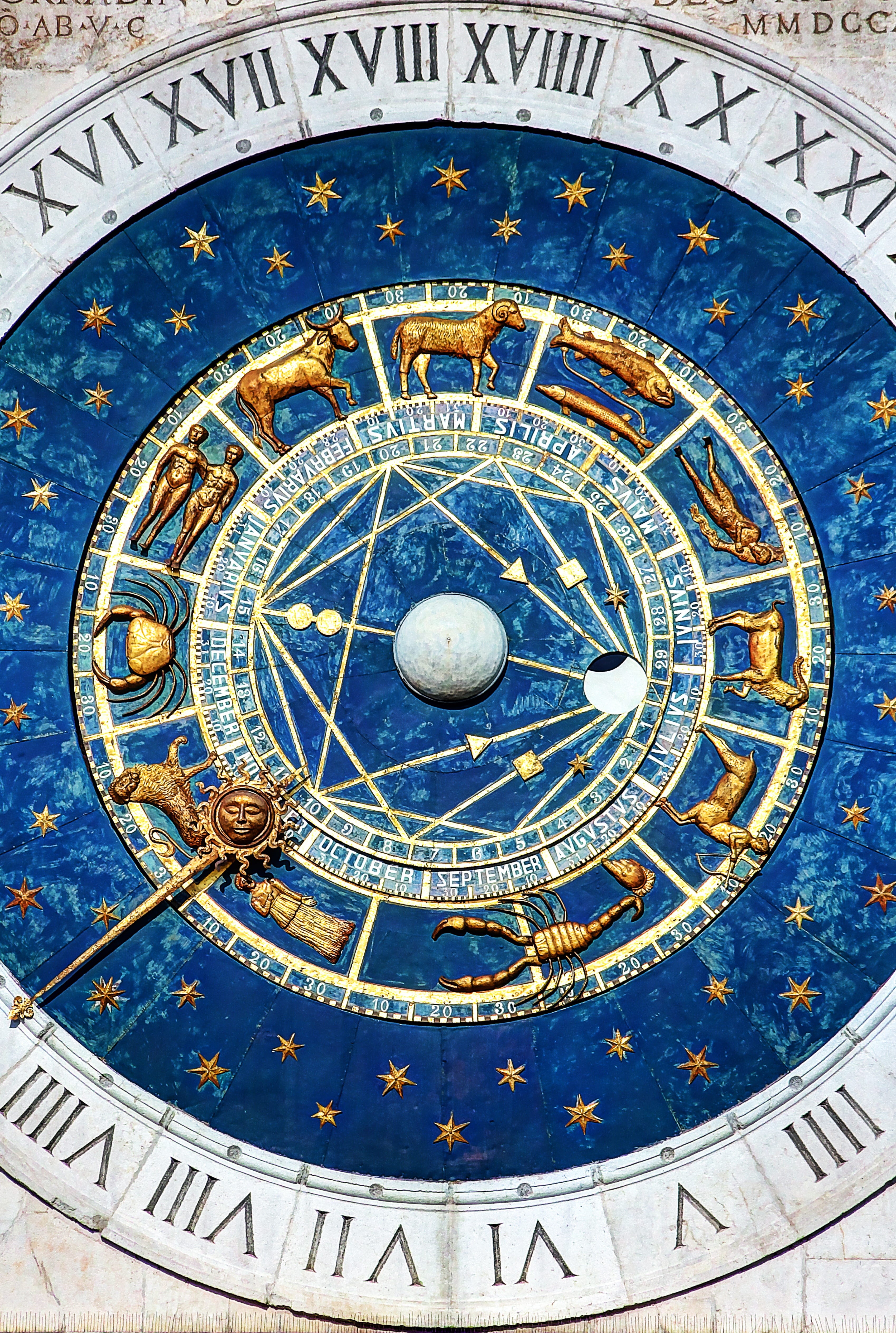 space, no people, 4K, torre, astronomical clock, history, time, the zodiac, italy, clock, antique, blue, roman, clock face, close-up, architecture, clock tower, Phone HD Wallpaper