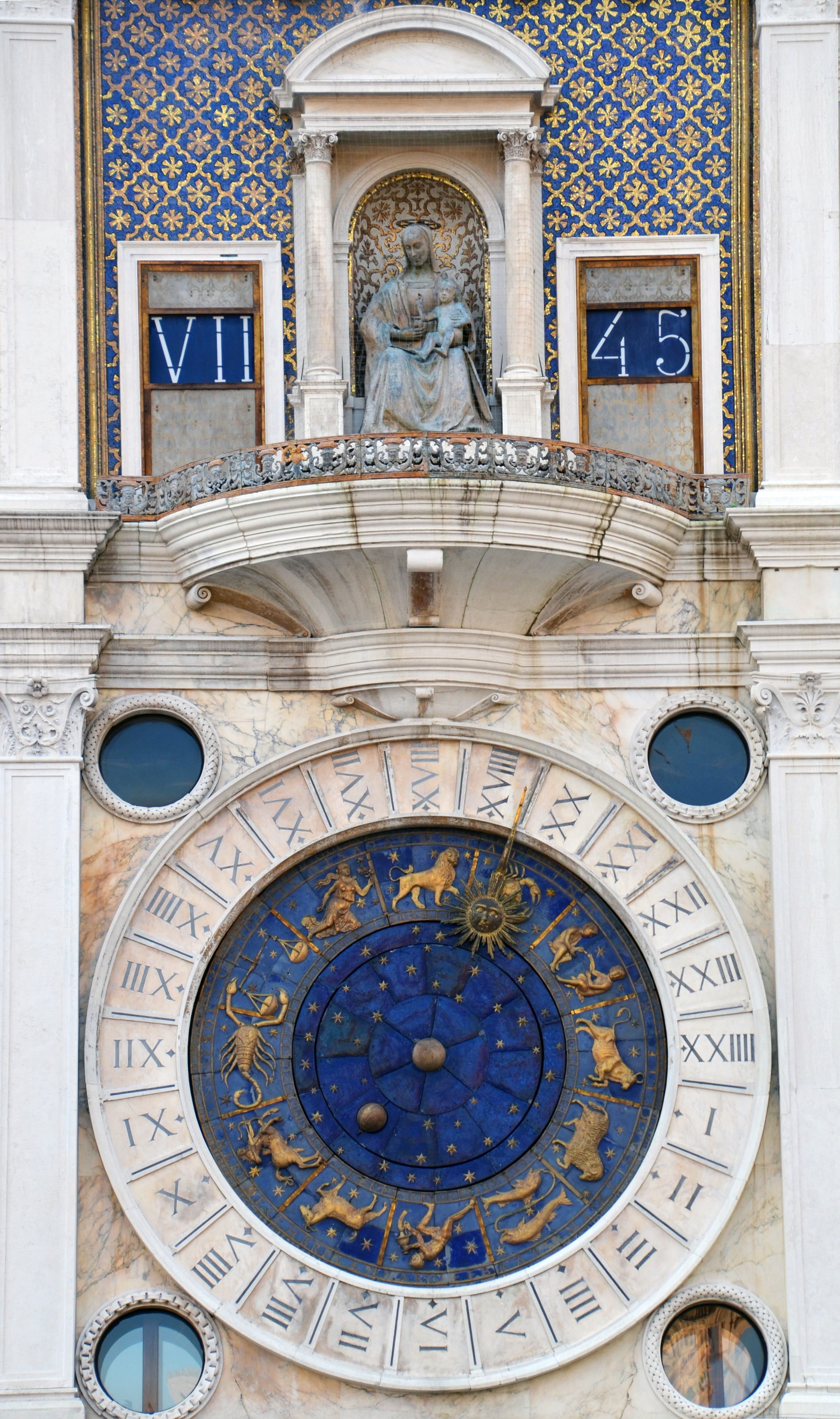 dial, astrology, venice, history, representation, architecture, clock, travel destinations, date, gold, sign, 4K, zodiac, digits, male likeness, ornate, Phone HD Wallpaper
