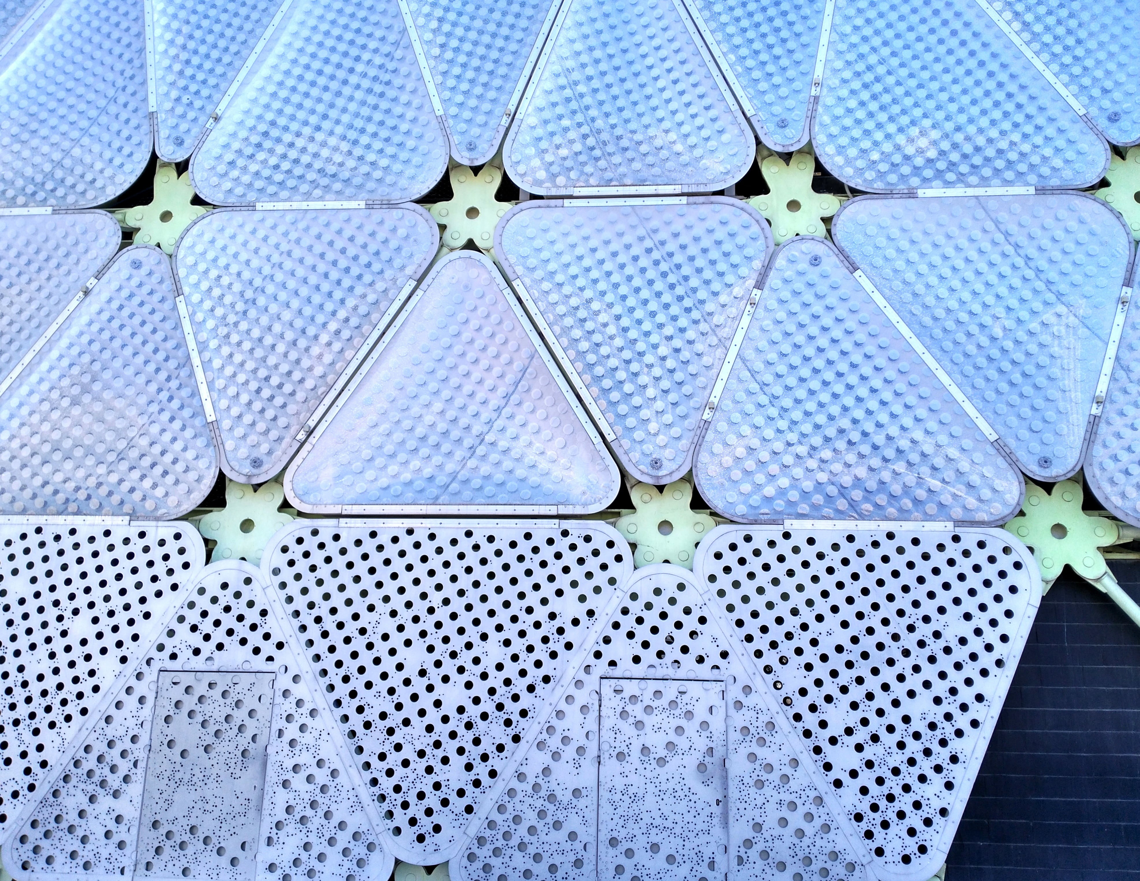 construction, white color, clamping plates, input, shape, protection, panels, geometric shape, structure, blue sky, blue, design, petals, singular, day, HD Wallpaper
