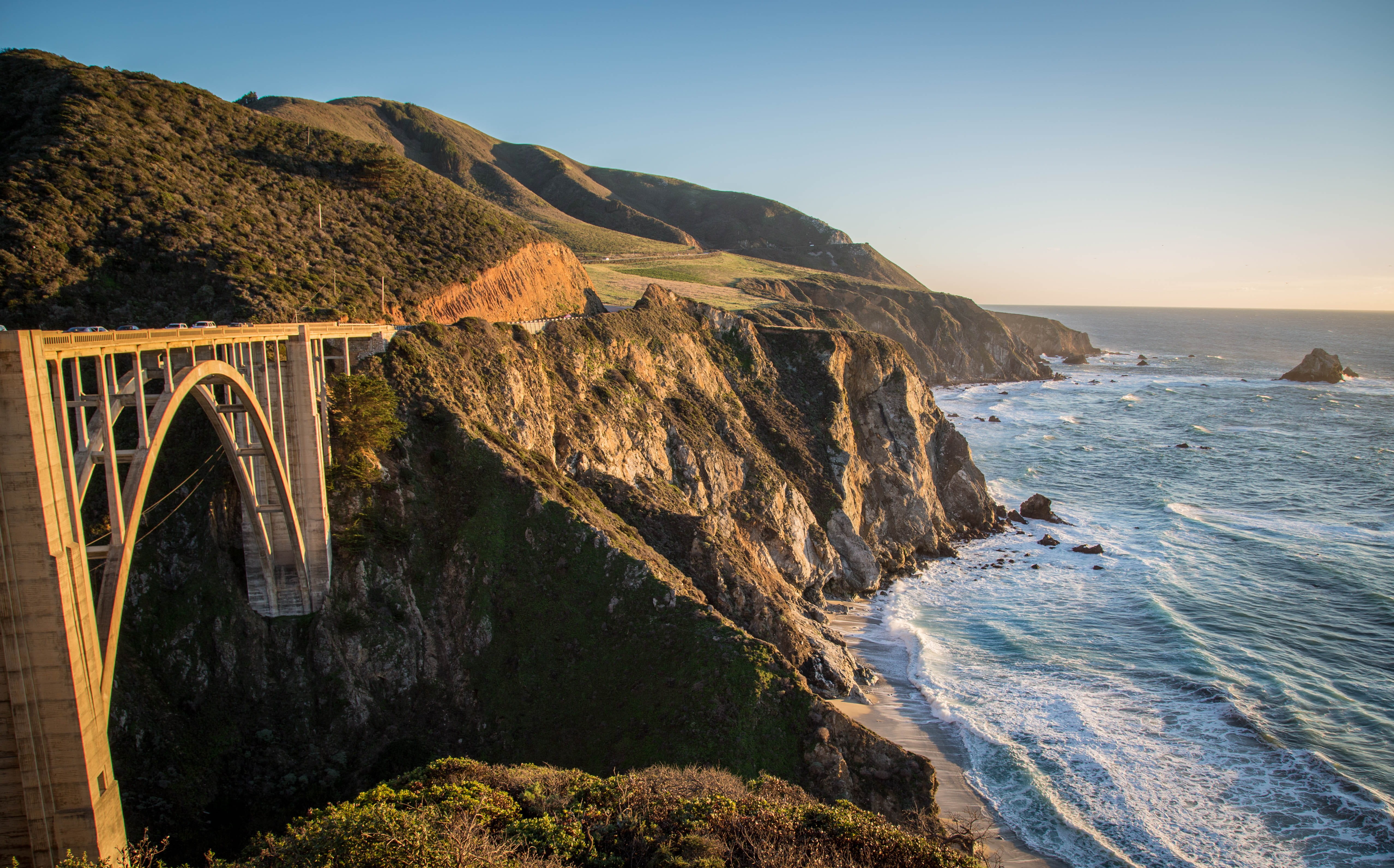 scenics - nature, architecture, rocky coastline, sea, sky, 4K, rock - object, united states, motion, beach, bridge, rock, cliff, tranquil scene, aquatic sport, HD Wallpaper