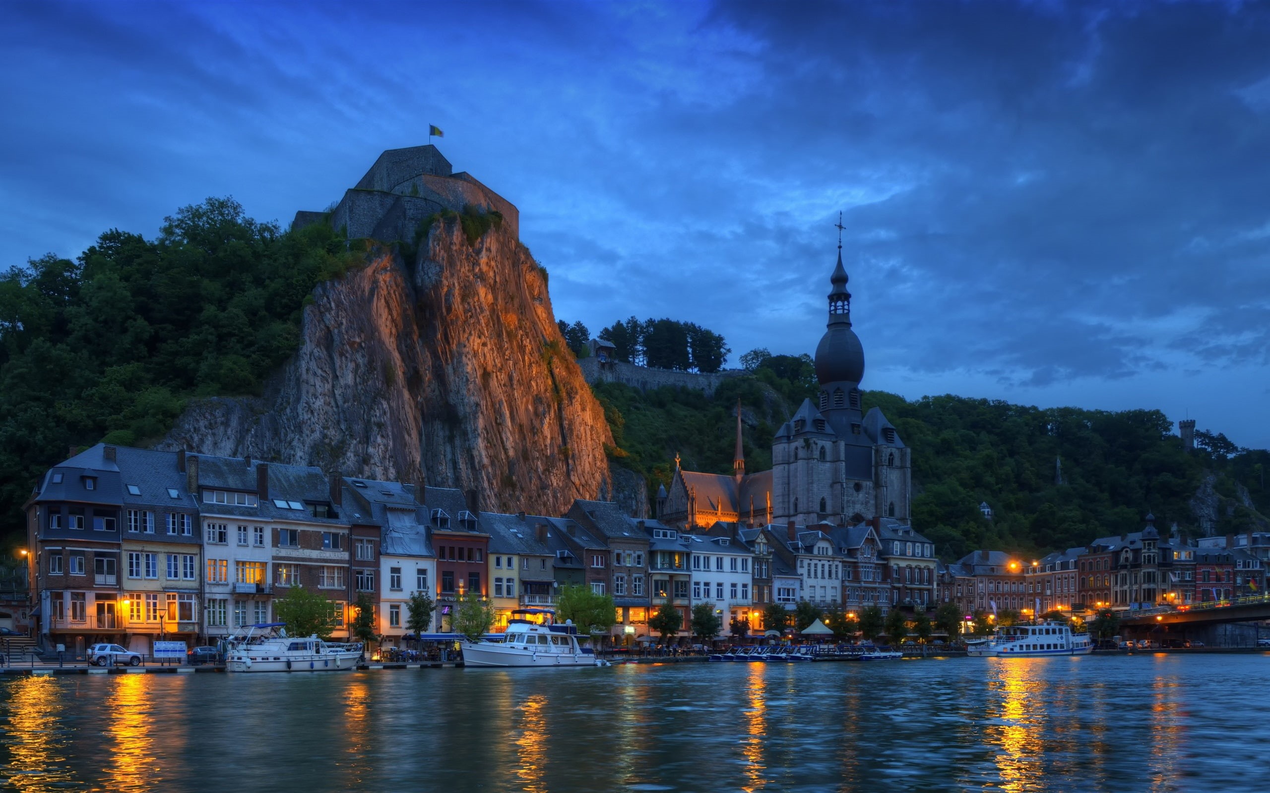 Night, Wallonia, River, Lights, Yacht, Belgium, Houses, 2K, HD Wallpaper