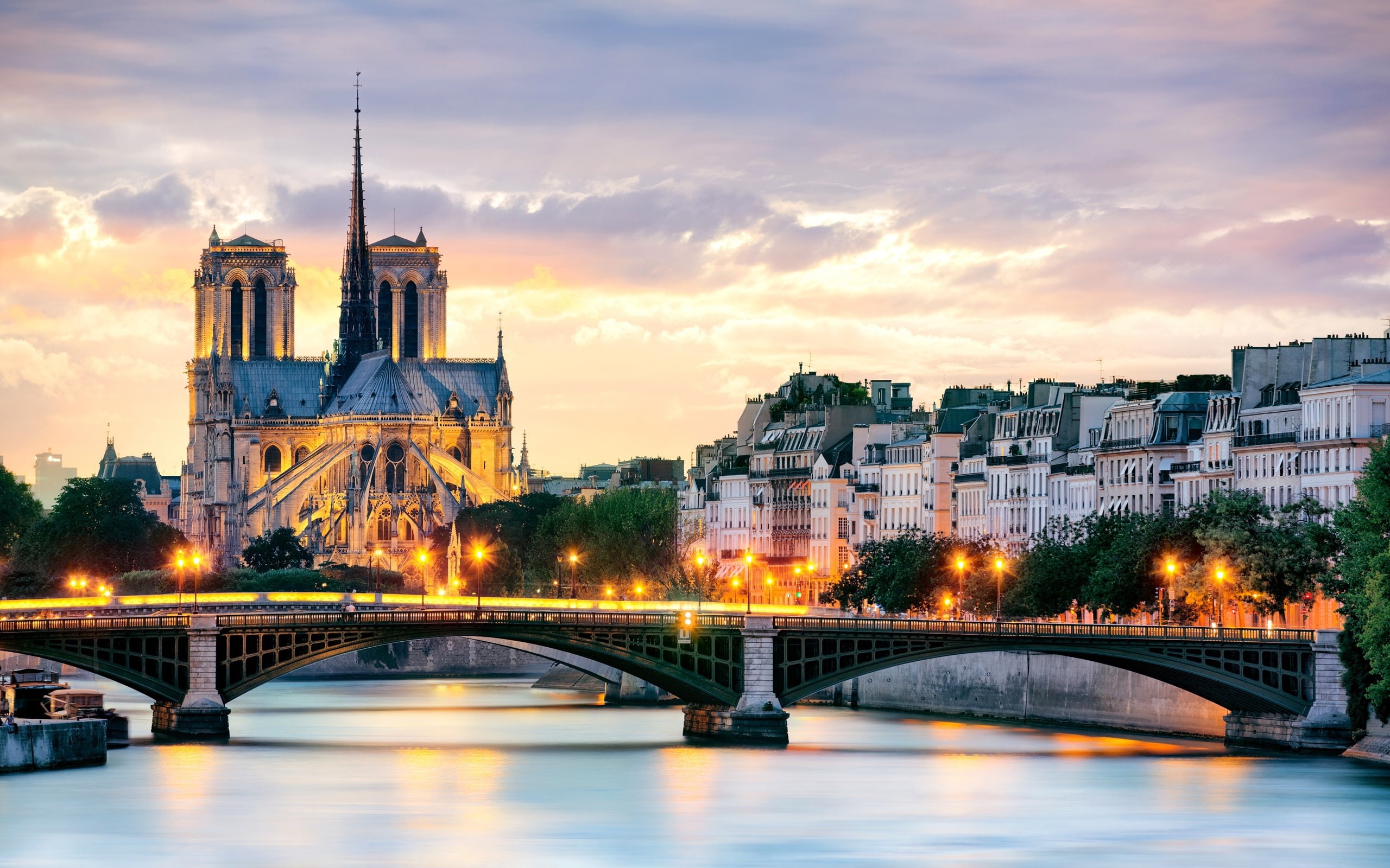 Bridge, River, de, Paris, Houses, Lighting, France, Dame, 2K, Seine, Notre, HD Wallpaper