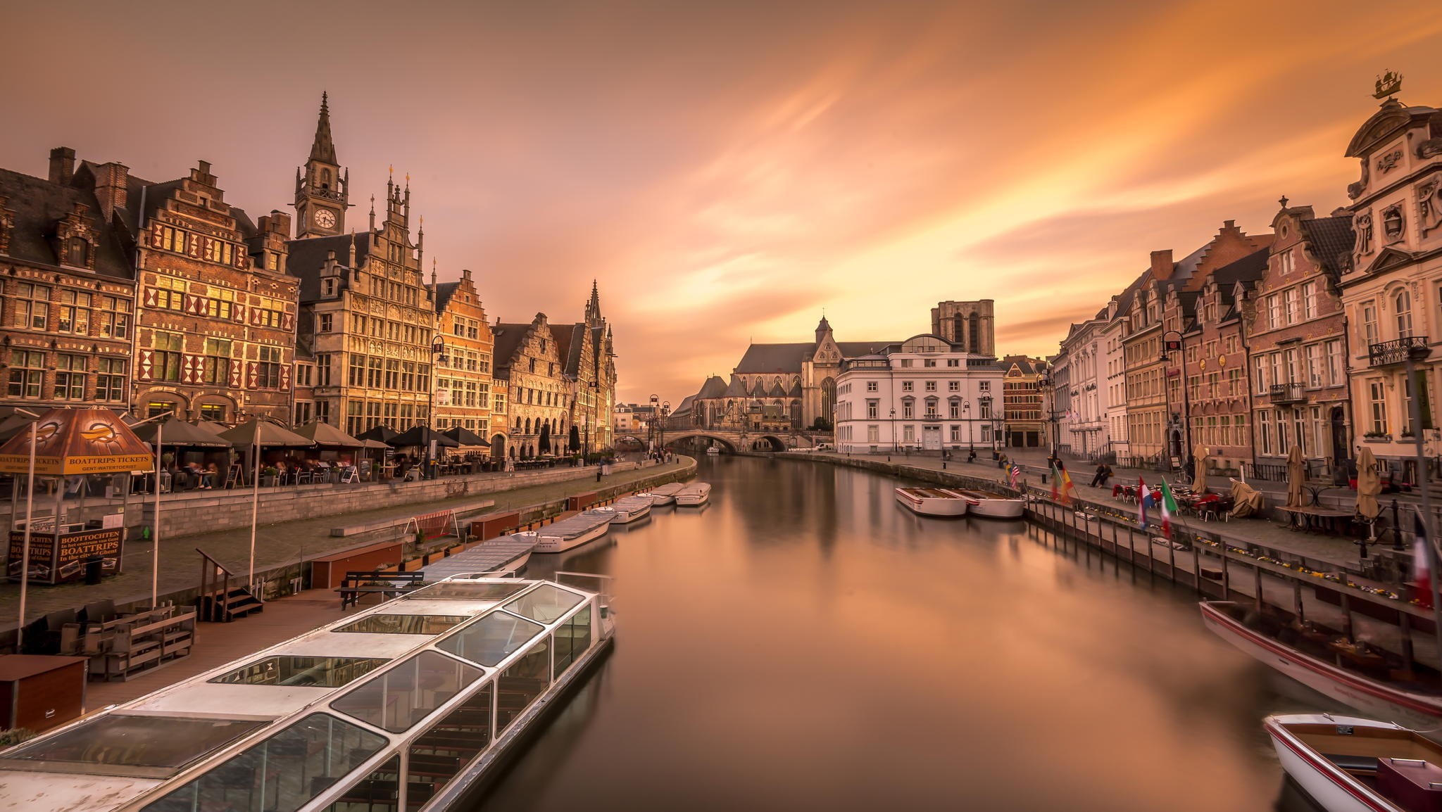 water, cityscape, 1080P, travel destinations, boats, nautical vessel, mode of transportation, canal, sunset, building, Ghent, nature, Europe, cloud - sky, HD Wallpaper