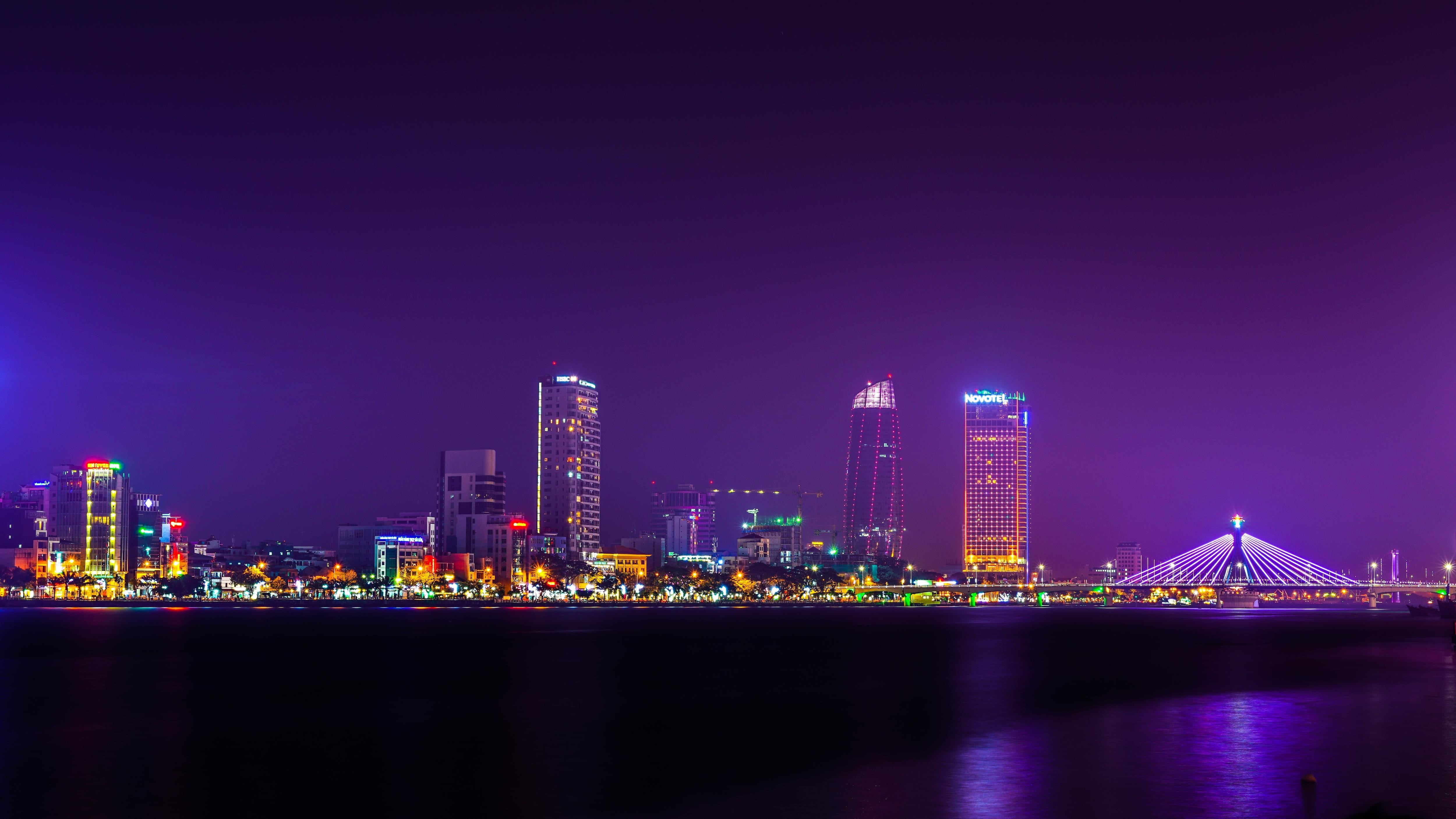 skyscraper, bridge, residential district, reflection, downtown district, Vietnam, sky, financial district, night, illuminated, Han River, city, cityscape, HD Wallpaper