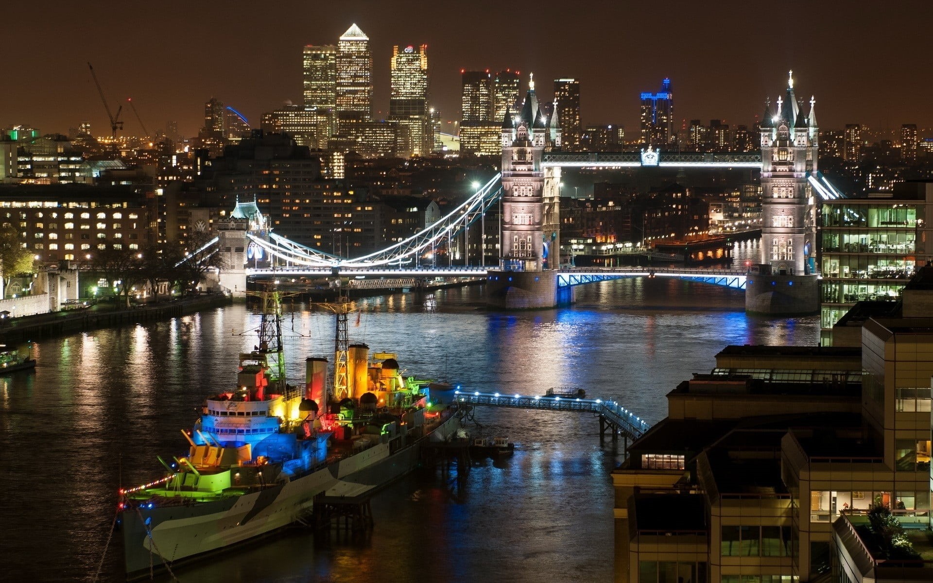 water, 1080P, river, reflection, England, illuminated, travel, transportation, mode of transportation, city, bridge - man made structure, no people, office building exterior, HD Wallpaper
