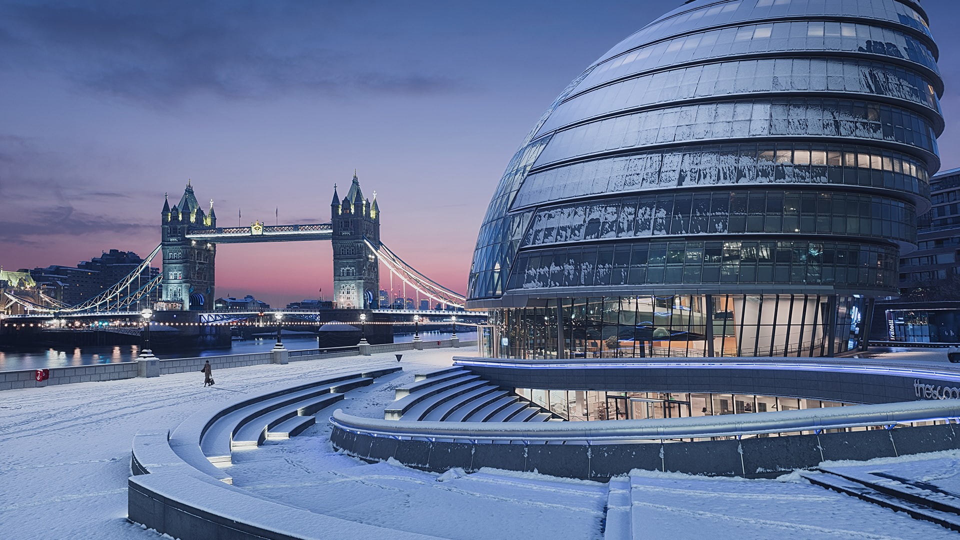 travel, illuminated, building exterior, snow, skyscraper, outdoors, cityscape, London, city, transportation, travel destinations, sky, bridge, nature, 1080P, HD Wallpaper