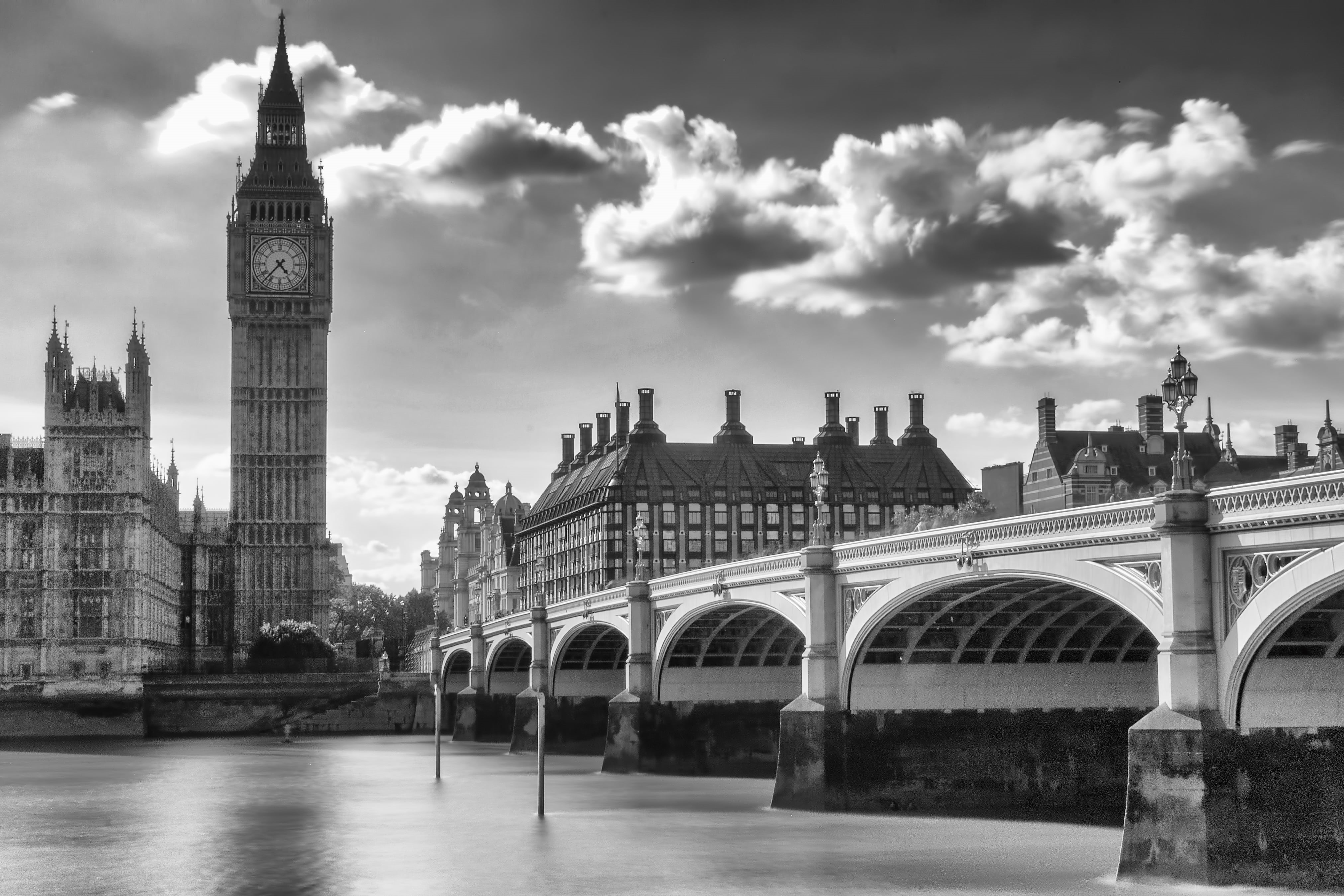Parliament, bridge - Man Made Structure, skyline, capital Cities, photo, big Ben, long  exposure, england, black And White, Big  Ben, water, travel Destinations, HD Wallpaper