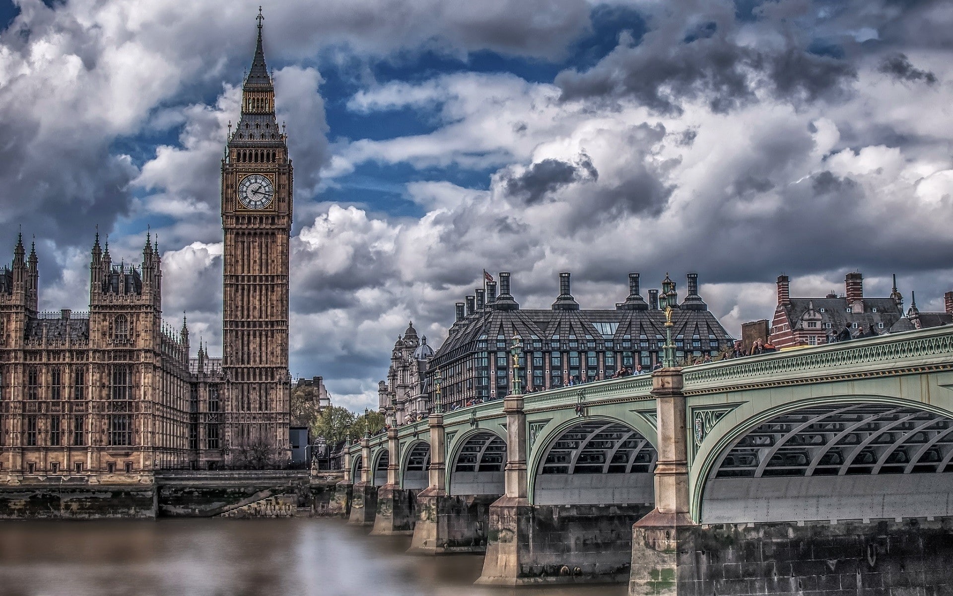 clouds, city, Big Ben, government, river, UK, sky, architecture, London, travel, cloud - sky, tower, tall - high, HDR, clock, 1080P, bridge - man made structure, HD Wallpaper