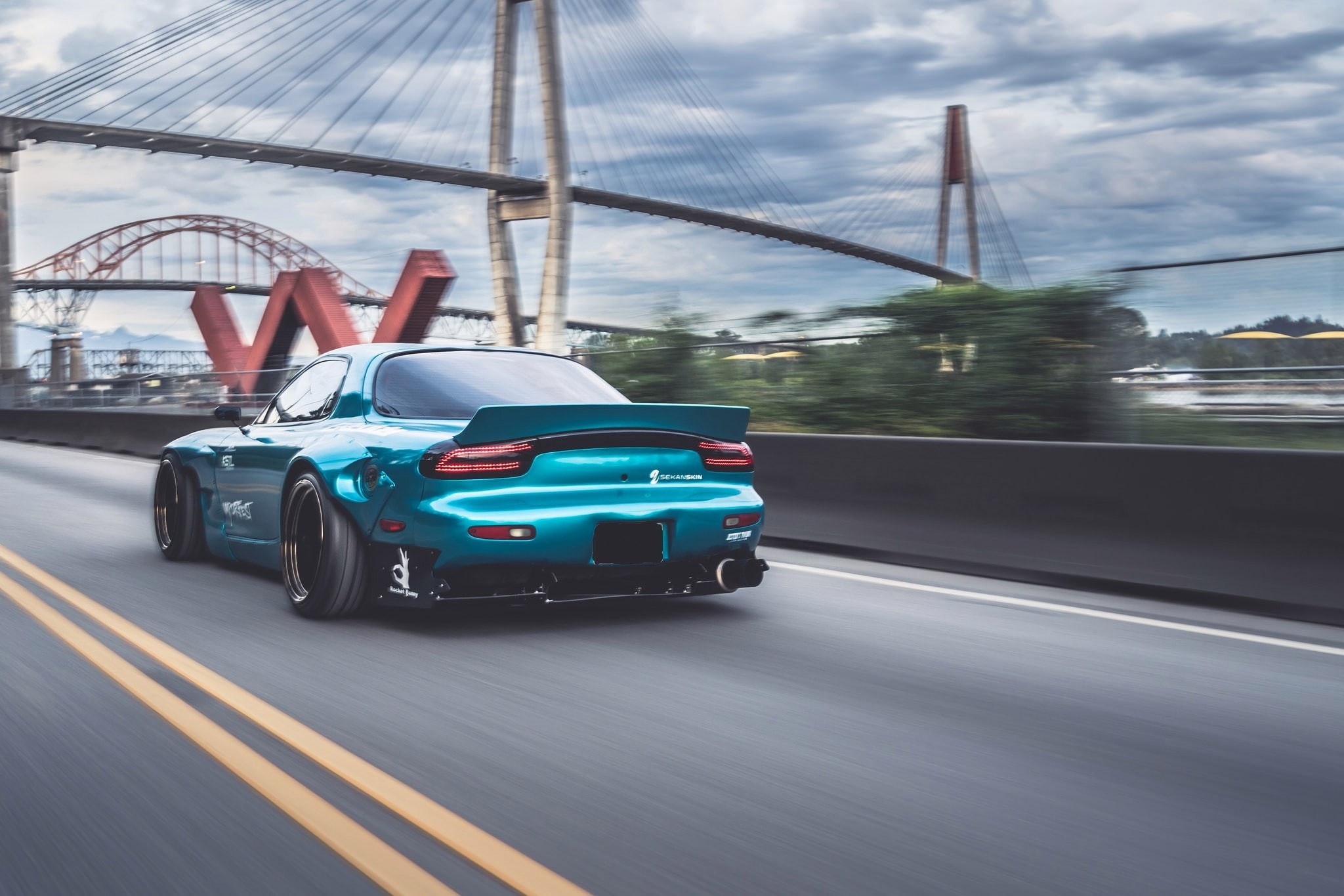 motor vehicle, road, connection, Mazda RX-7, on the move, architecture, sports car, nature, bridge - man made structure, motion, bridge, Rocket Bunny, mode of transportation, HD Wallpaper