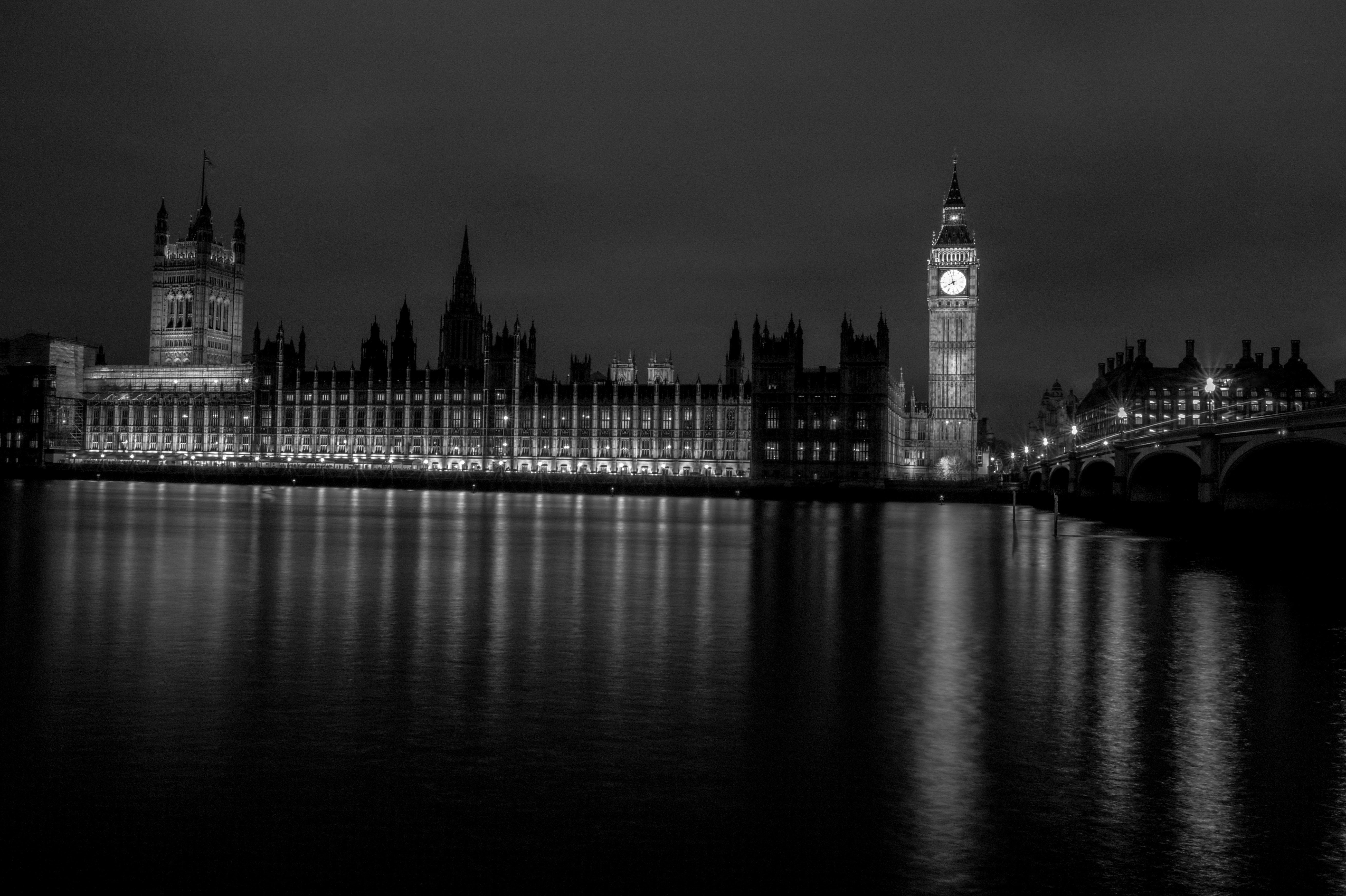 westminster, england, ben, sky, black  white, south  bank, bridge - Man Made Structure, uK, 5K, house, river  thames, river, big  ben, water, silhouette, HD Wallpaper