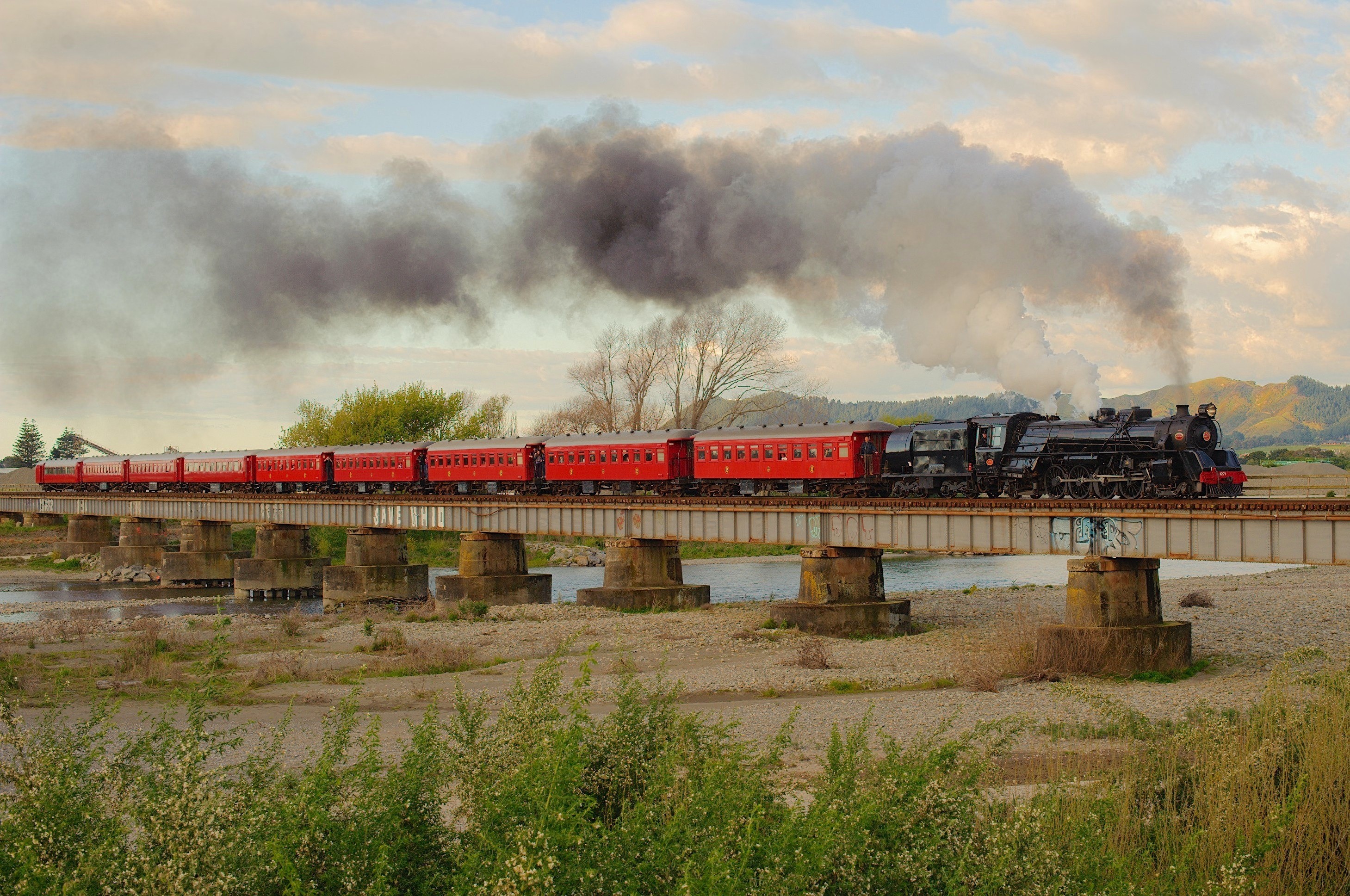 outdoors, air pollution, 2K, no people, sky, track, built structure, stream, bridge - man made structure, new zealand, red, bridge, passenger train, nature, HD Wallpaper