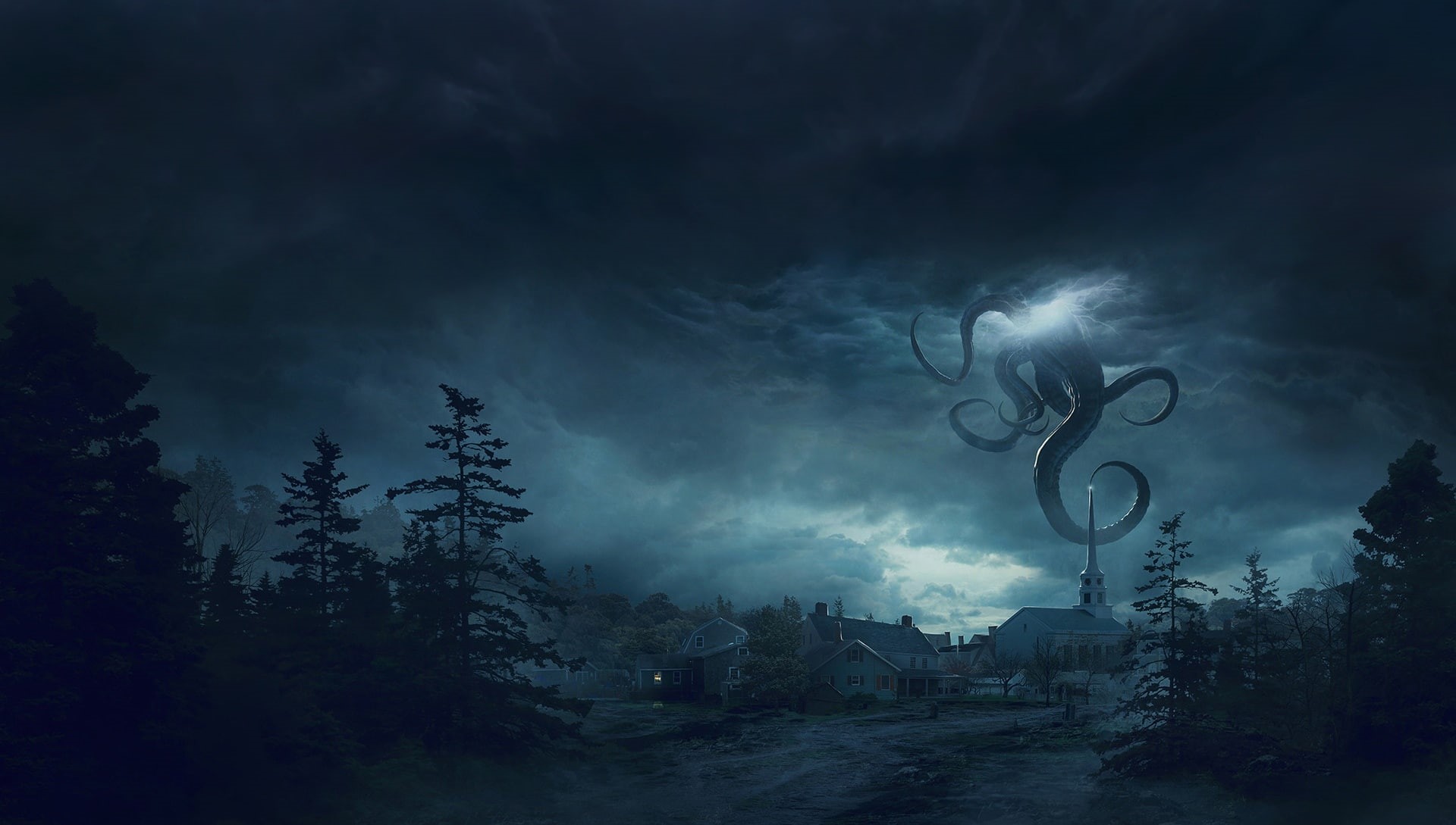 Monster, Environments, by Guillem H. Pongiluppi, The tentacles, Clouds, Guillem H. Pongiluppi, 1080P, The Fear from beyond - New England village, Forest, HD Wallpaper