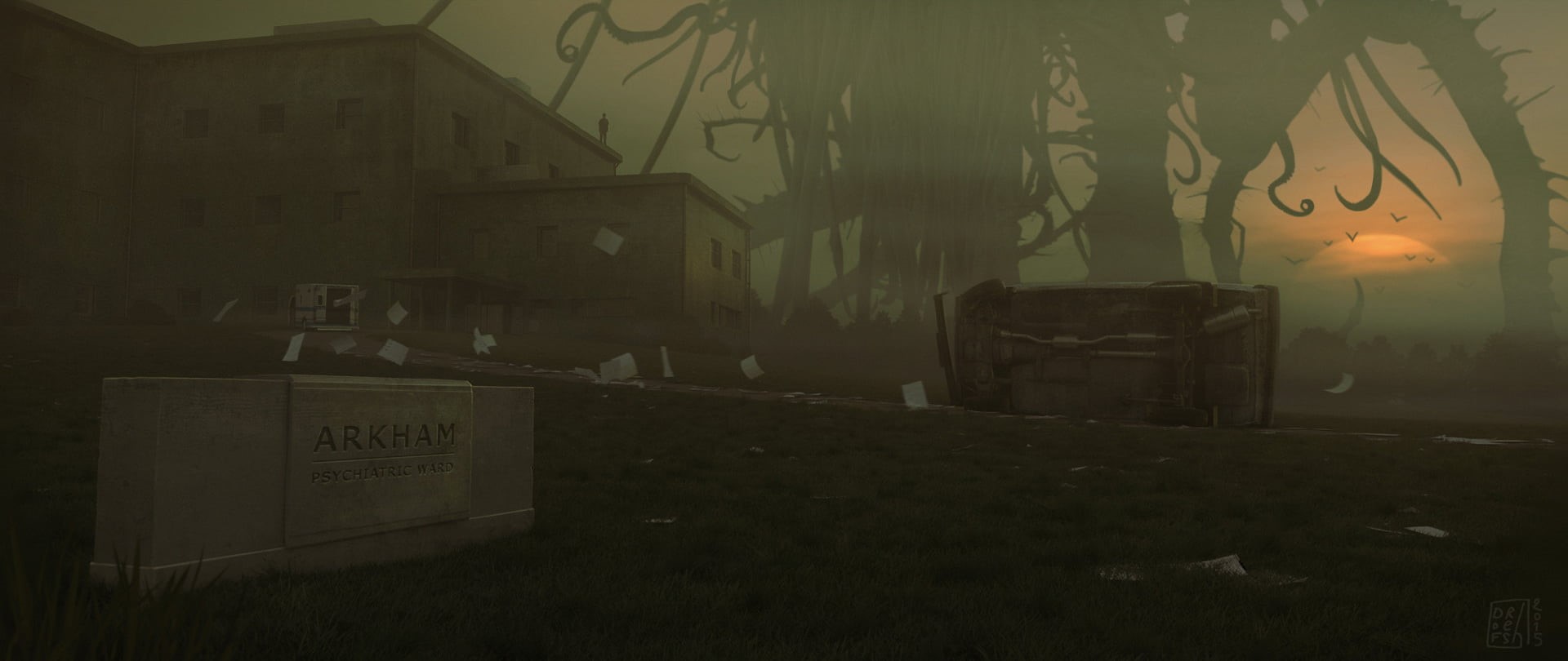 digital art, asylum, DOFRESH, mist, H. P. Lovecraft, 1080P, creature, HD Wallpaper