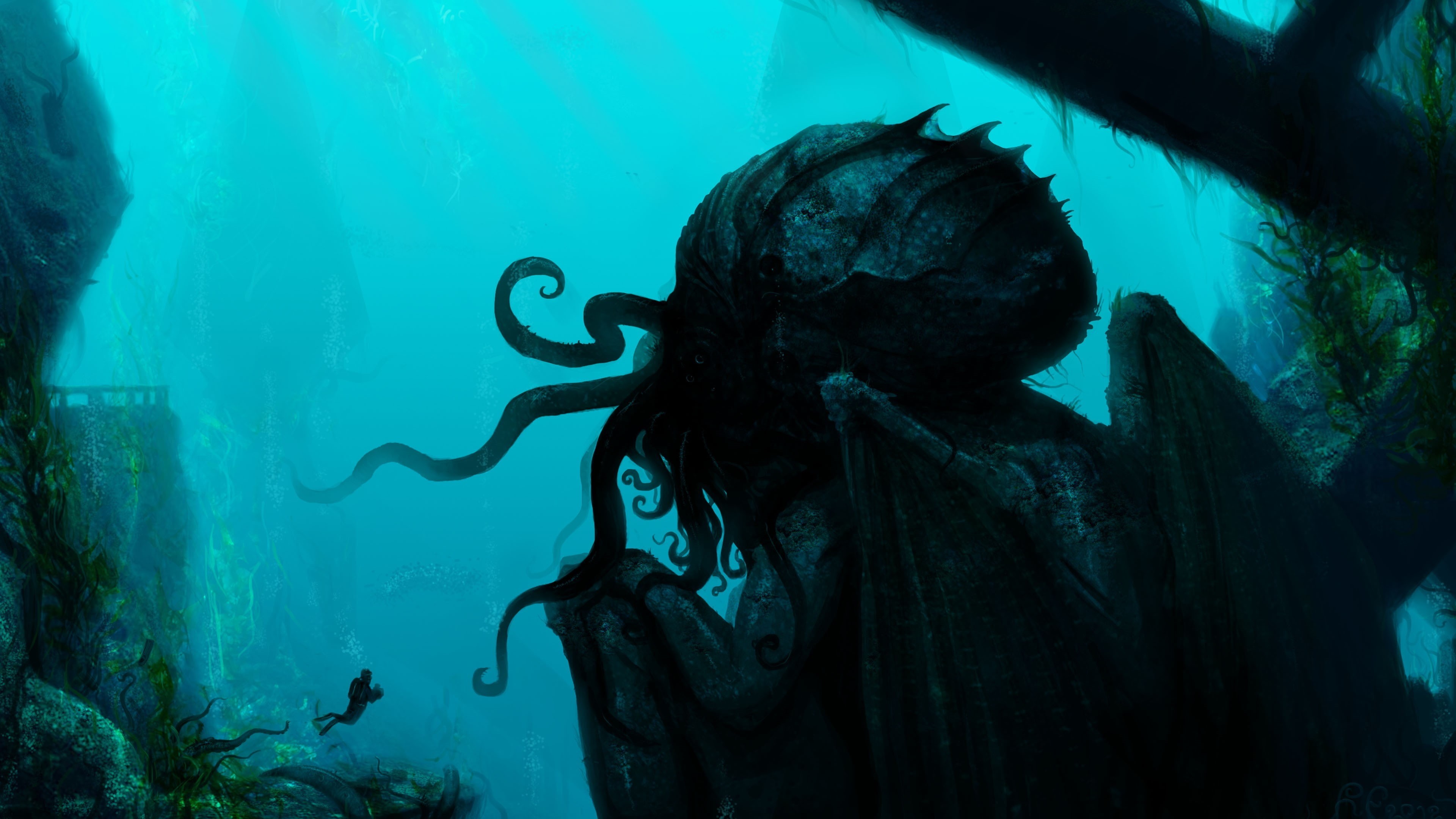 H. P. Lovecraft, divers, horror, Cthulhu, underwater, 4K, artwork, creature, HD Wallpaper