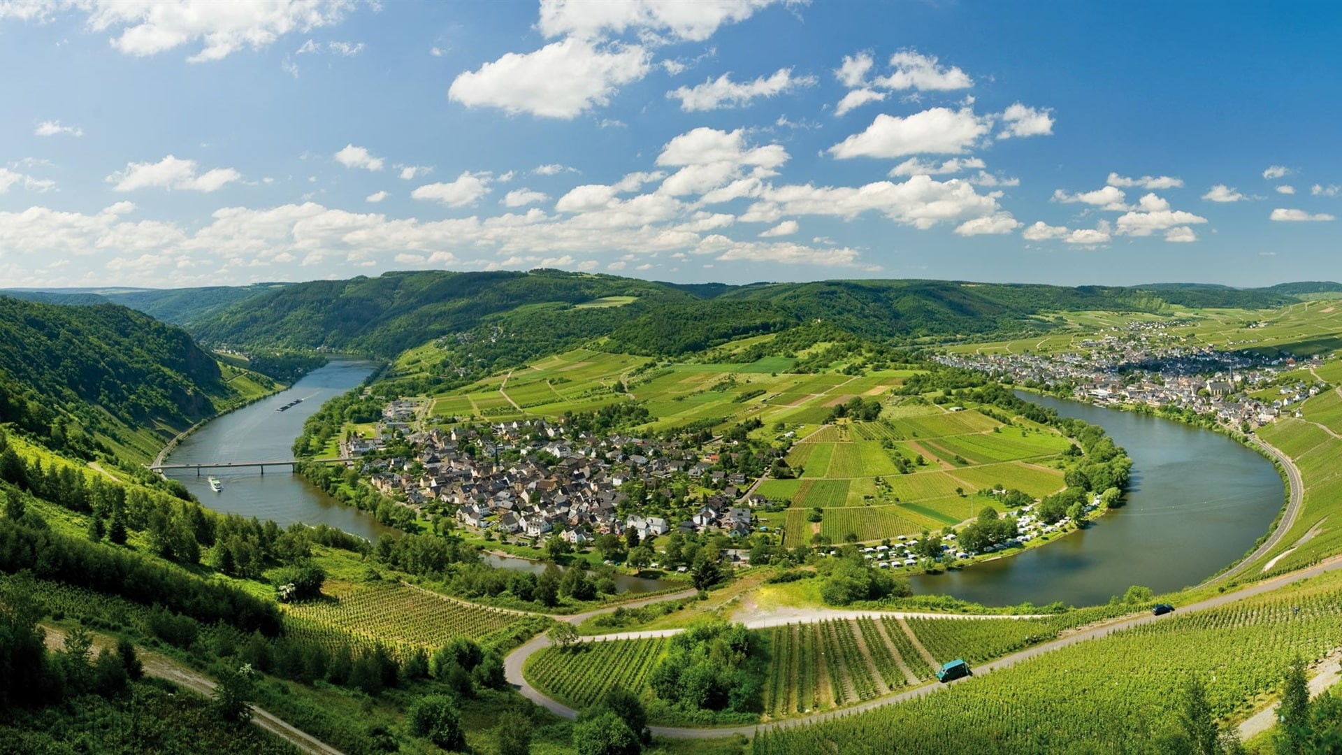 Houses, Trees, Clouds, Fields, Mountains, 1080P, Mosel, Germany, River, HD Wallpaper