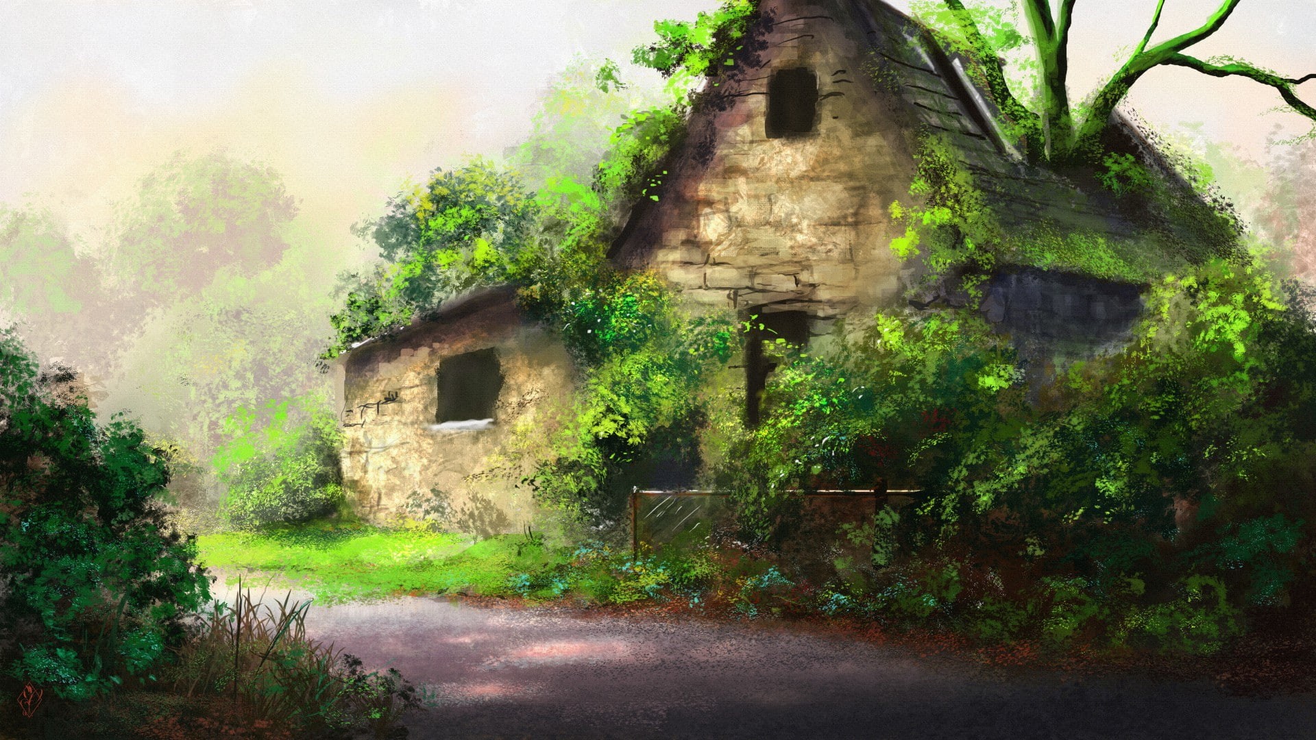 trails, houses, painting, trees, 1080P, peabody, beautiful, HD Wallpaper