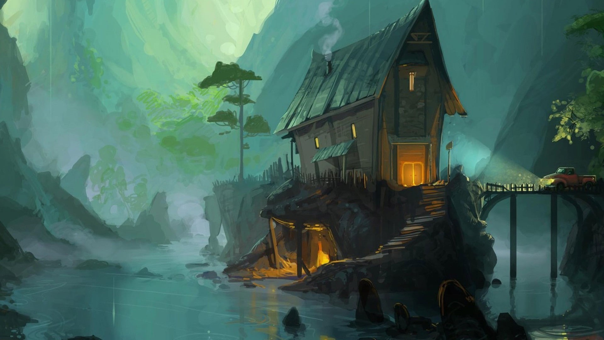 nature, 1080P, building, stairs, architecture, digital art, Lights, river, fantasy Art, mountains, artwork, house, car, bridge, mist, painting, Trees, HD Wallpaper
