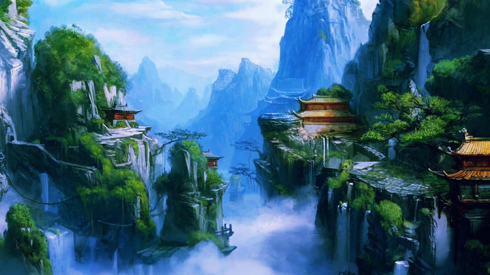 wate, games, Rivers, asian, hd, art, mountains, px, x, buildings, fantasy, castles, 1920x1080 px, oriental, waterfalls, Landscapes, video, spray, 1080P, HD Wallpaper