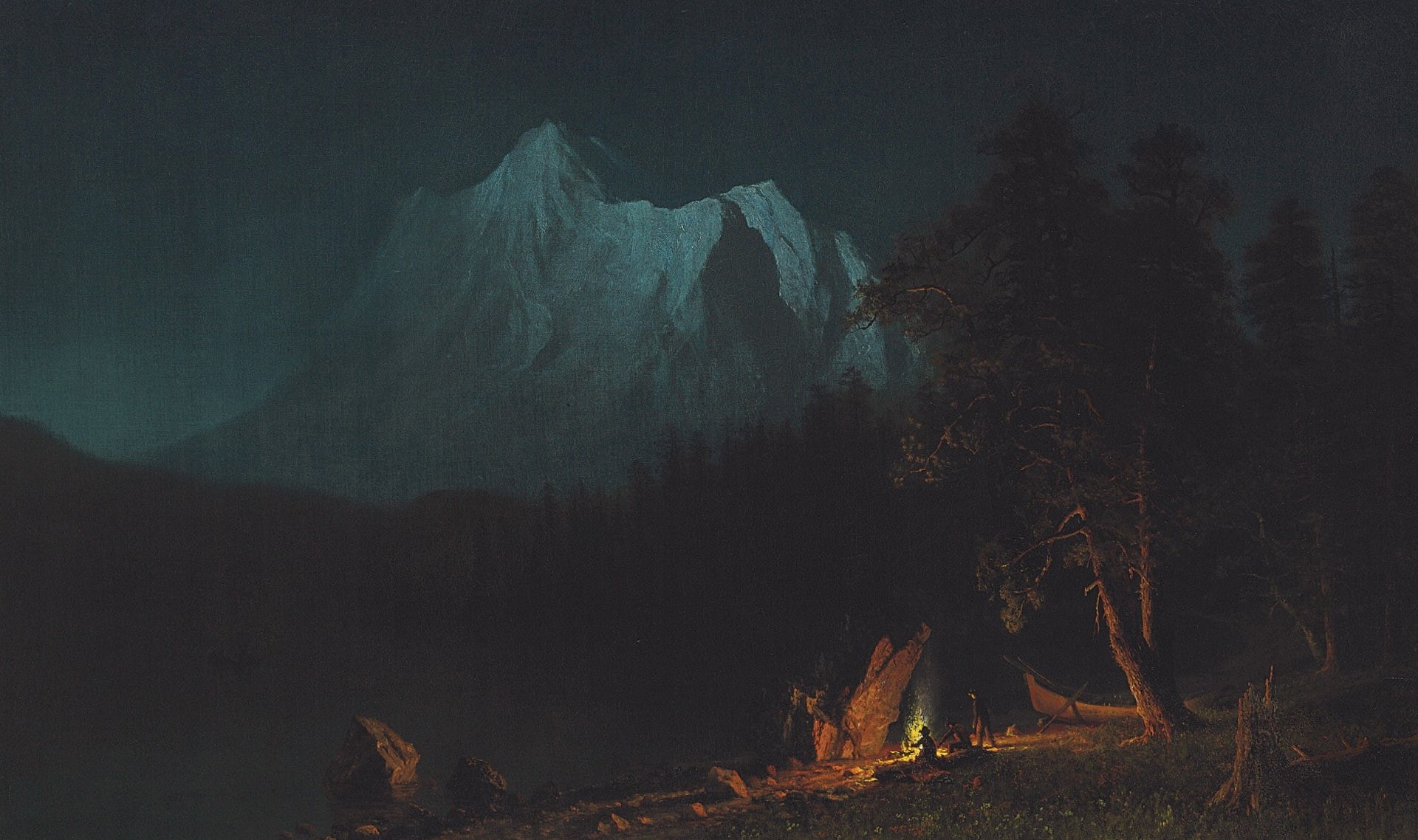 night, picture, Mountain Landscape in the Moonlight, 1080P, landscape, Albert Bierstadt, mountains, HD Wallpaper