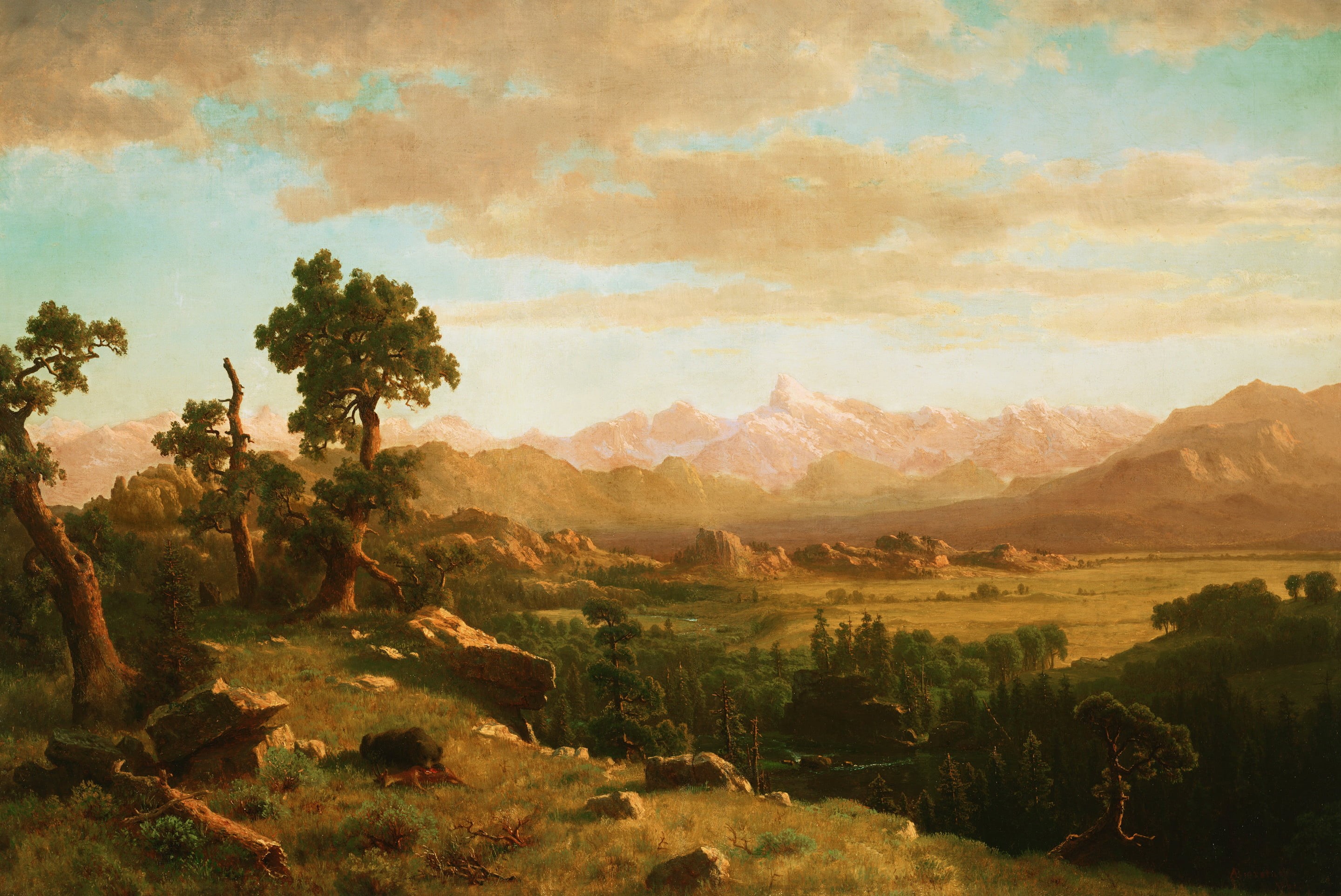 nature, outdoors, land, valley, mountains, idyllic, Albert Bierstadt, no people, green, tree, mountain range, tranquil scene, growth, day, picture, stones, HD Wallpaper
